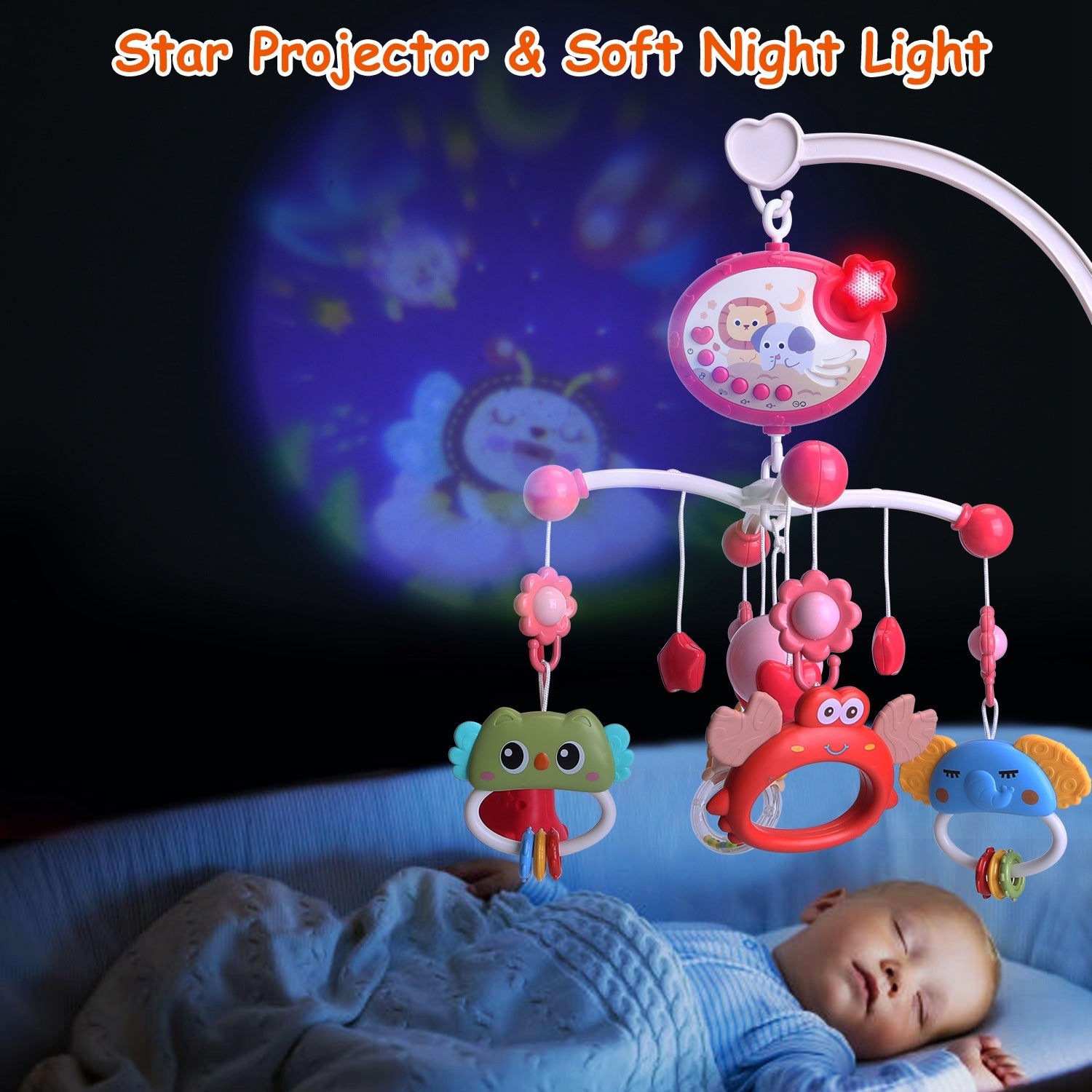 Baby Musical Crib Bed Bell Rotating Mobile Star Projection Nursery Light Baby Rattle Toy with Music Box Remote Control - Mountain Lakes Mall