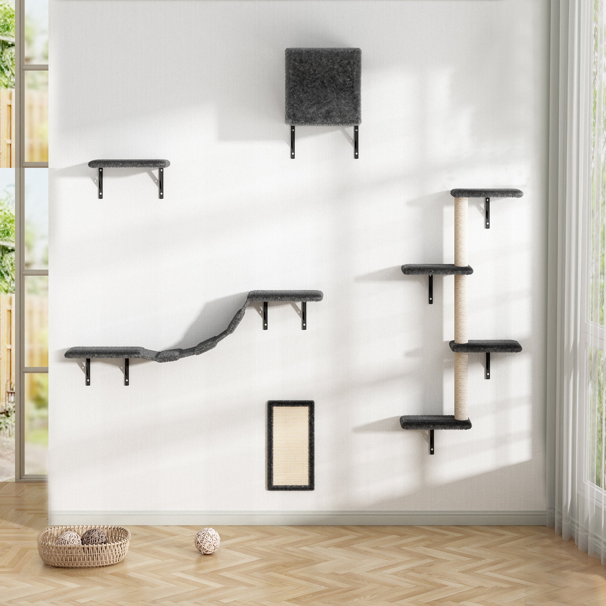 5 Pcs Wall Mounted Cat Climber Set;  Floating Cat Shelves and Perches;  Cat Activity Tree with Scratching Posts;  Modern Cat Furniture - Mountain Lakes Mall