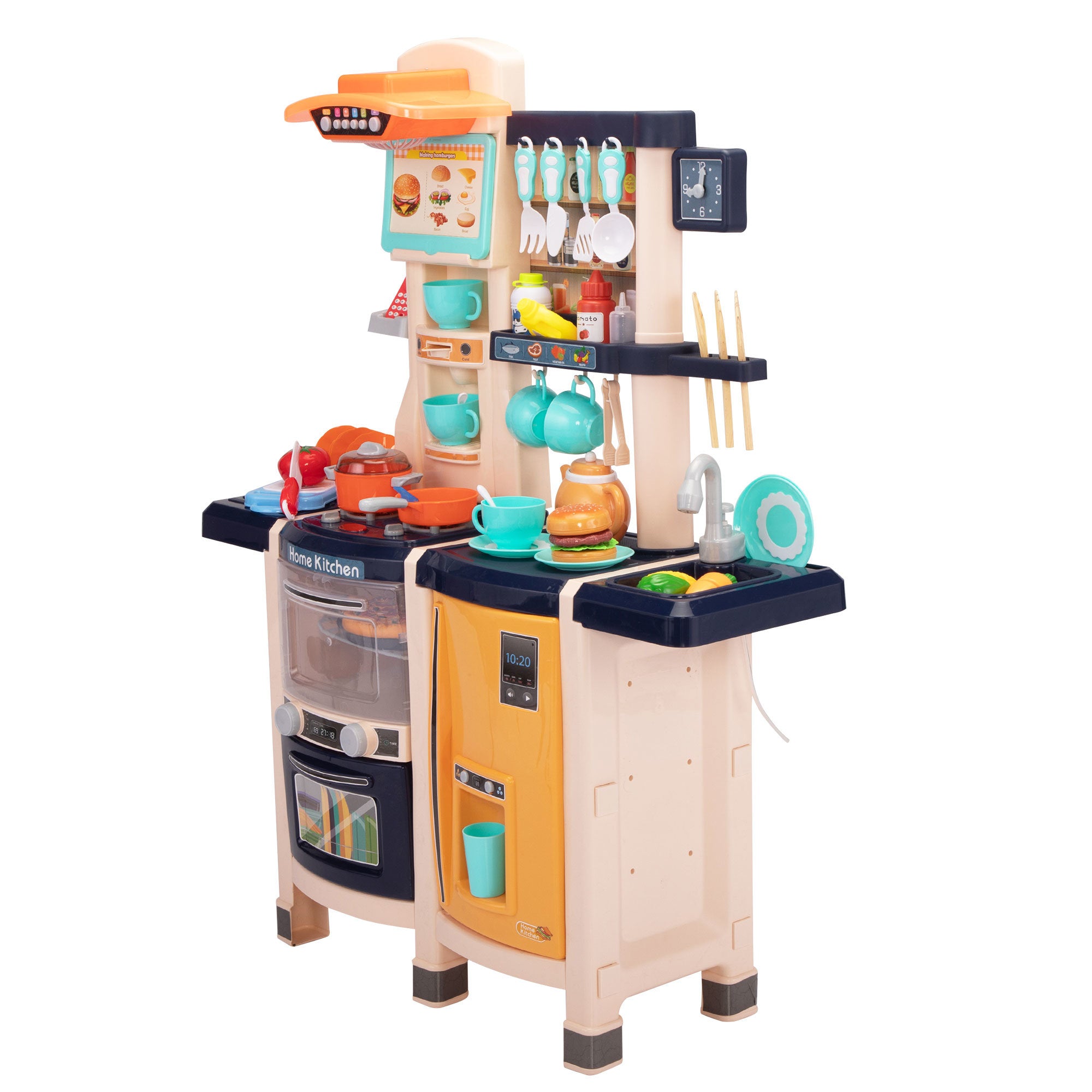 Large Pretend Play Kitchen Set Kids Cooking Playset with Realistic Lights;  Vivid Sounds;  Play Phone;  Clock and 65 Pcs Accessories;  3 +;  Blue XH - Mountain Lakes Mall