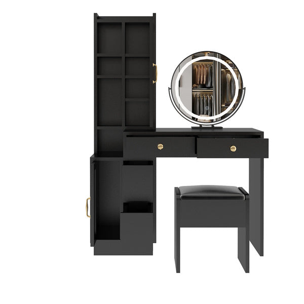 Modern Makeup Vanity Table Set with Side Cabinet and LED Mirror, Retractable Dressing Table with Power Outlets, 3 Light Colors - Mountain Lakes Mall