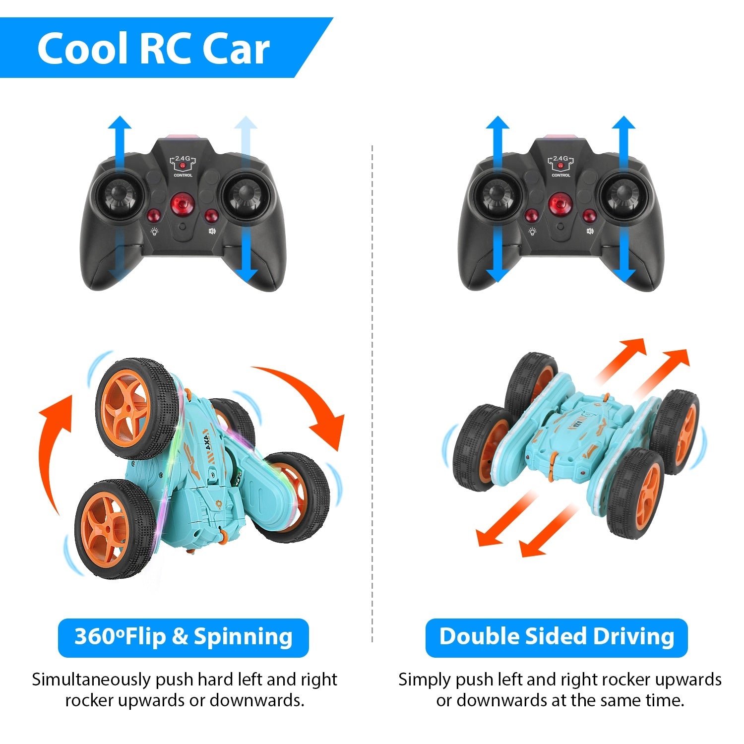 Kid Driving RC Stunt Car 7 Color Strip Light Dynamic Music Swing Arm Double-sided Rolling Remote Control Car Off Road - Mountain Lakes Mall