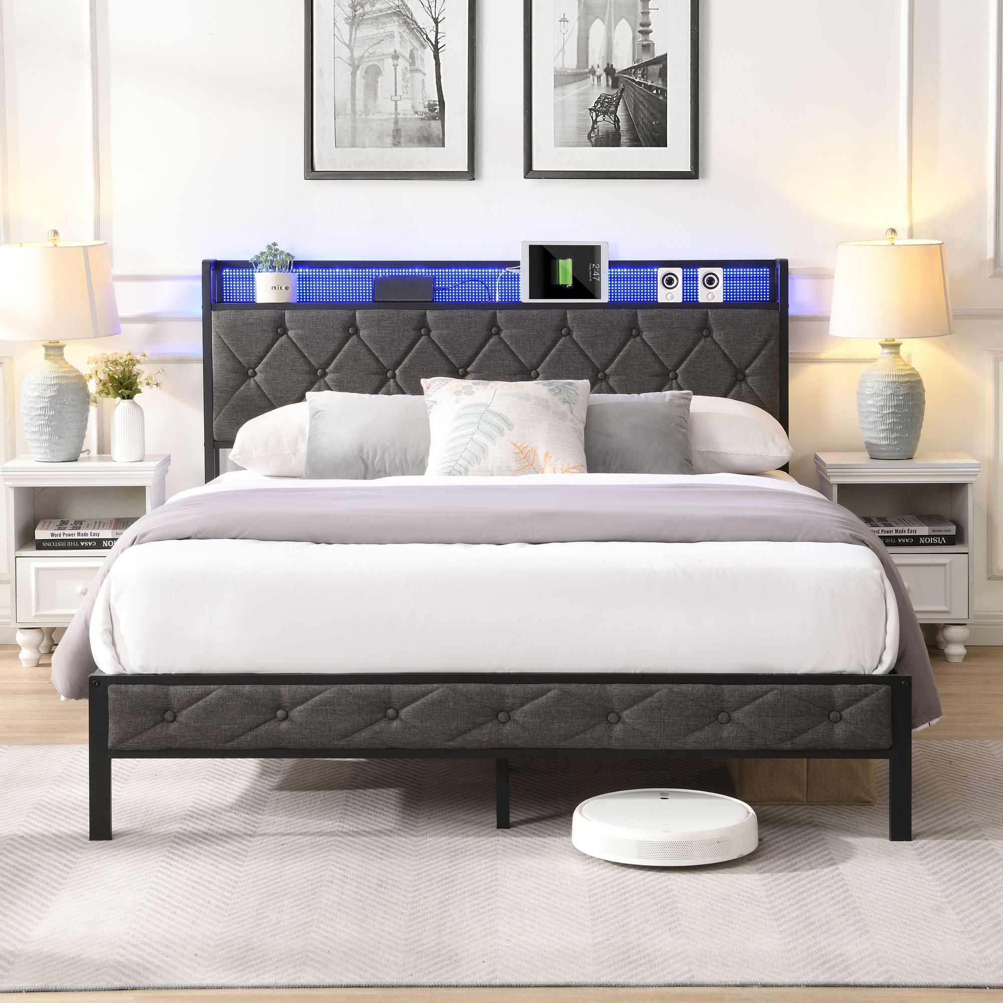 Full Bed Frame with Storage Headboard, Charging Station and LED Lights, Upholstered Platform Bed with Heavy Metal Slats, No Box Spring Needed, Noise Free, Easy Assembly, Dark Gray