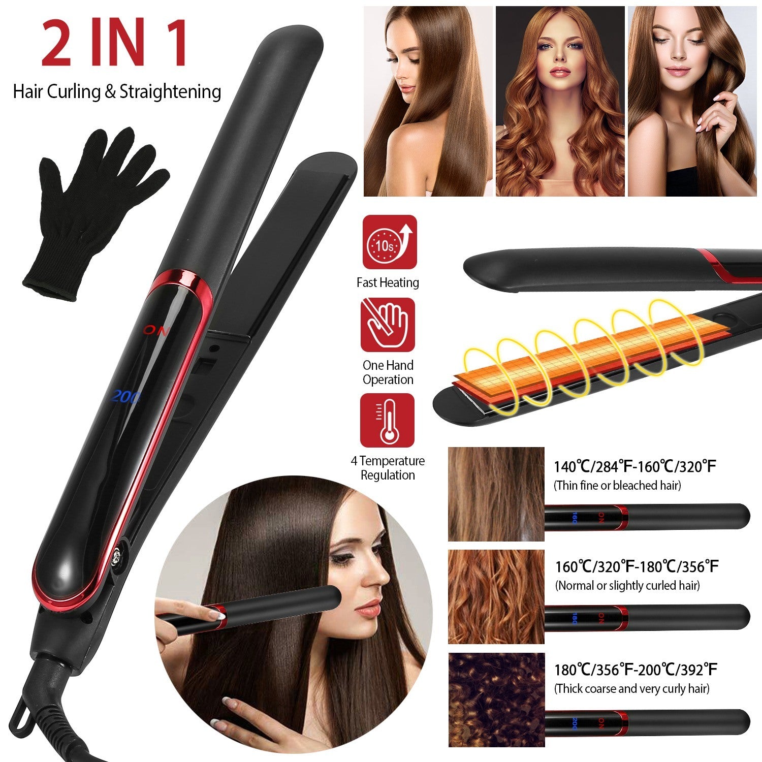 Hair Straightener Curling Iron 2 In 1 Twist Hair Straightener Ceramic Plate Hair Curler w/ Temperature Adjust LCD Display Glove - Mountain Lakes Mall