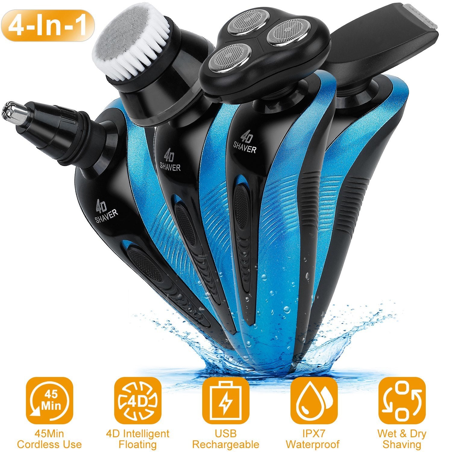 4 In 1Electric Shaver for Men IPX7 Waterproof Beard Trimmer Cordless Rechargeable Razor Beard - Mountain Lakes Mall