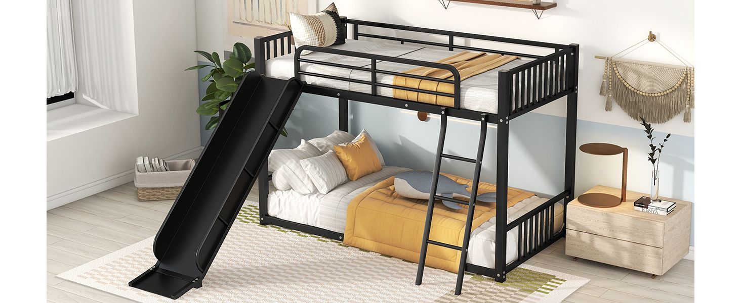 Metal Bunk Bed with Slide, Twin over Twin