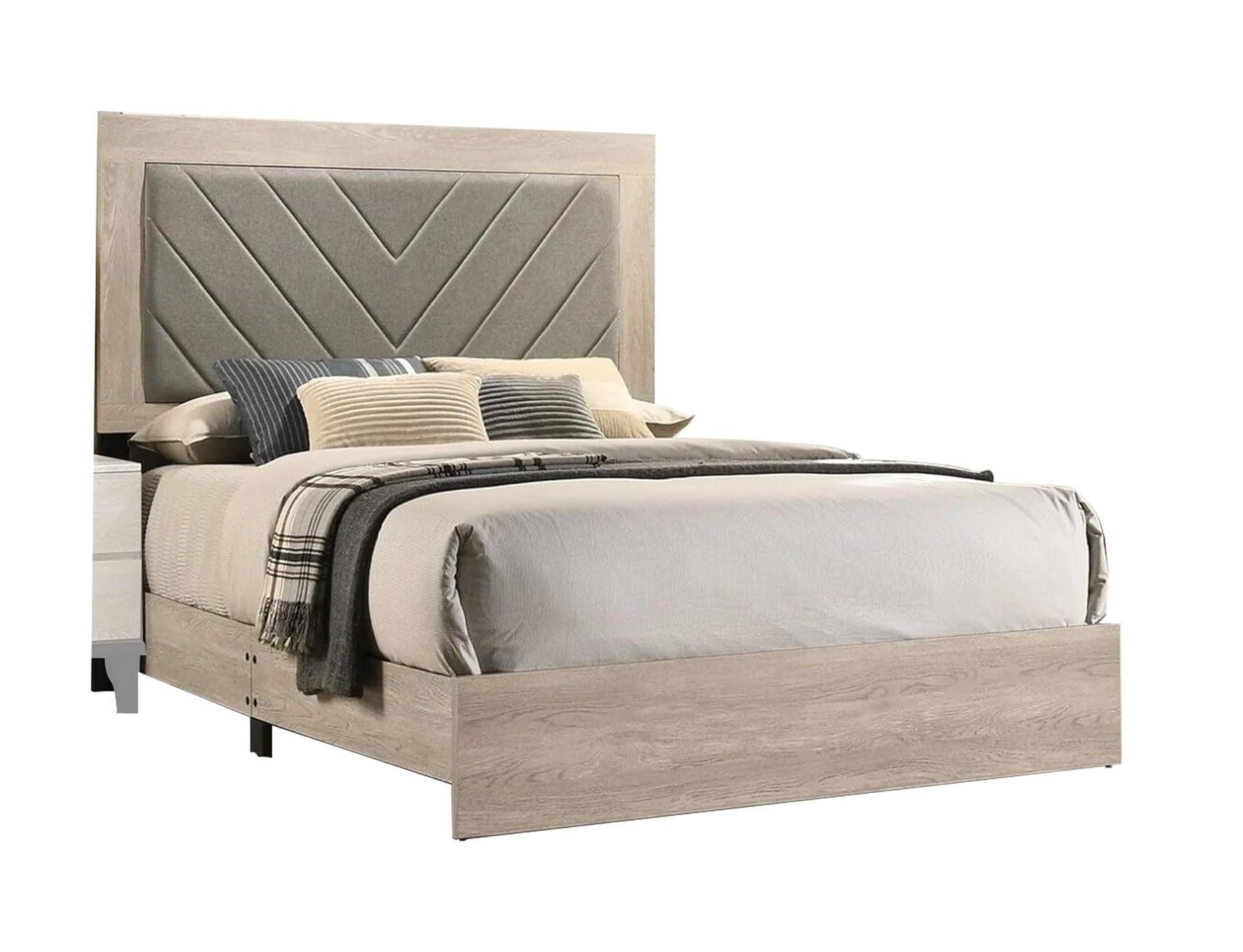 Contemporary 1pc Cream Finish Eastern King Size Bed Bedroom Furniture Gray V-Design Headboard Rubberwood 1pc Bedframe