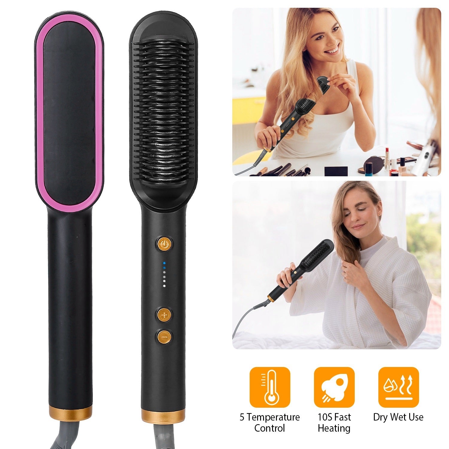 Electric Hair Straightener Brush Straightening Curler Brush Hot Comb 5 Temperature Adjustment 10S Fast Heating - Mountain Lakes Mall