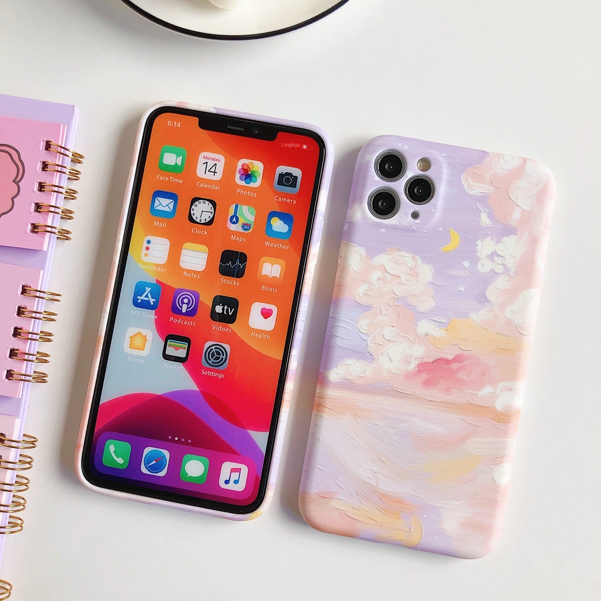 Painted pink clouds for 13/14ProMax Apple XS/XR phone case iPhone 11 soft shell 12 Korean style - Mountain Lakes Mall