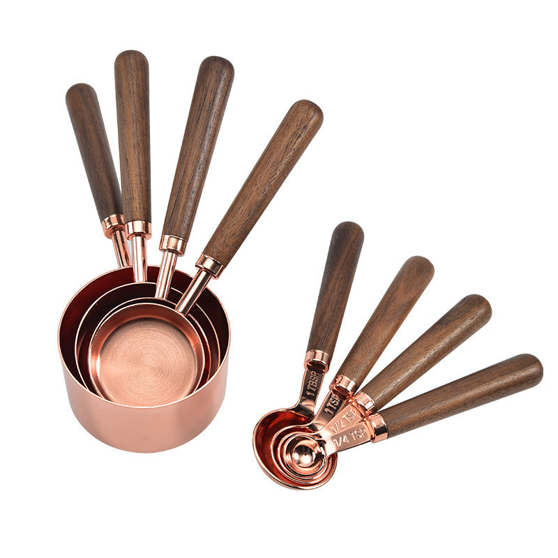 Rose Gold Measuring Cups and Spoons Set, Copper Pink Stainless Steel Cup and Spoon with Wooden Handle, Coffee Cake Milk Baking Measuring Cup - Mountain Lakes Mall