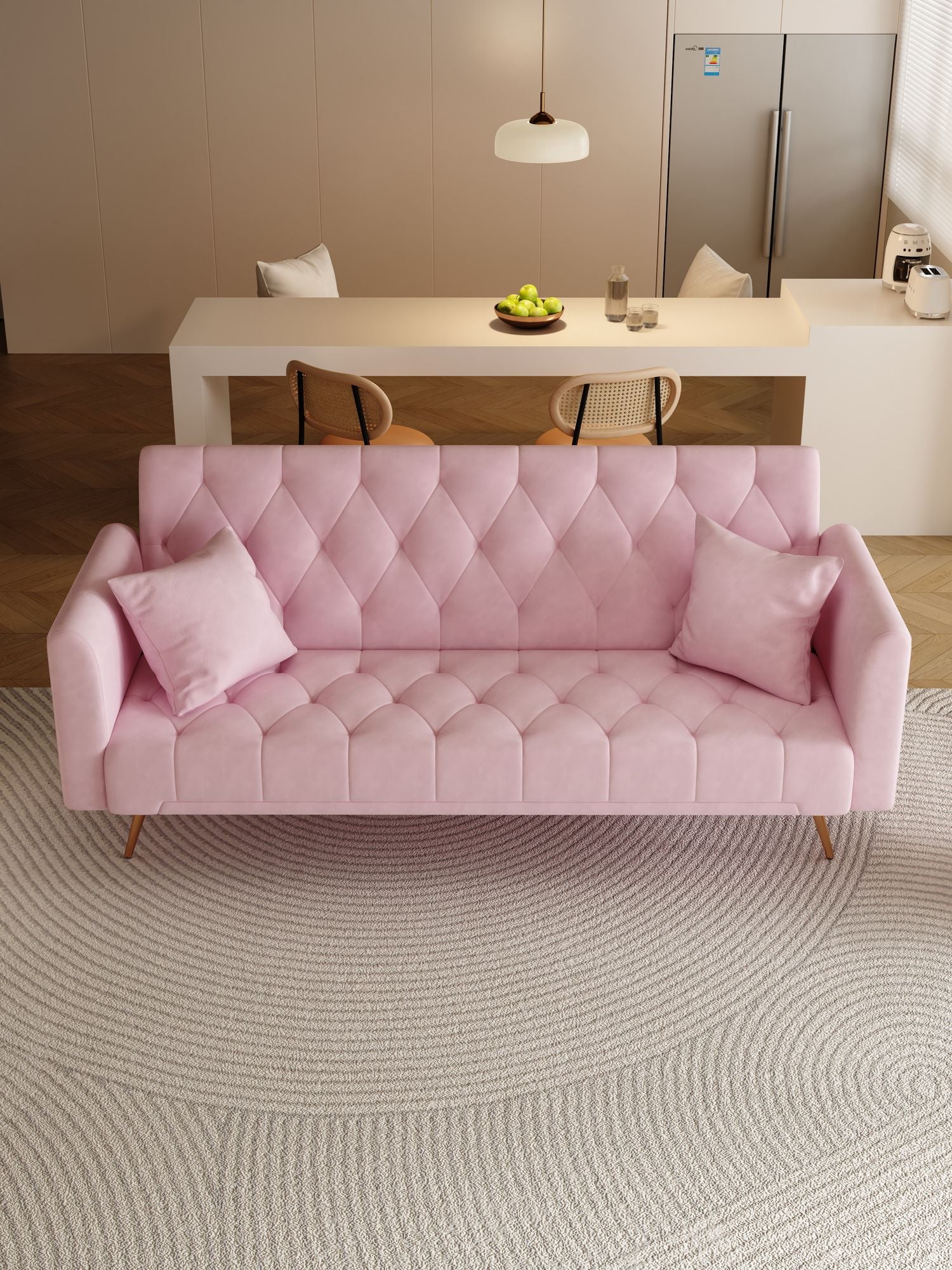 71 inch convertible love seat sofa, American retro pink velvet, suitable for small living room, bedroom, office