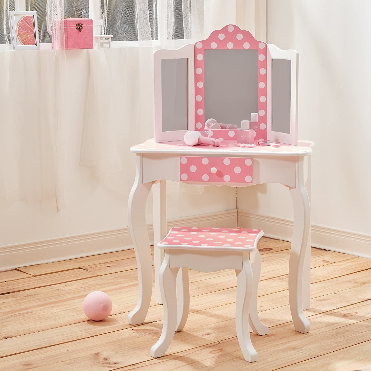 Wooden Vanity Set with Tri-Fold Mirror and Chair Table & Stool Set, Pink/White  YJ - Mountain Lakes Mall