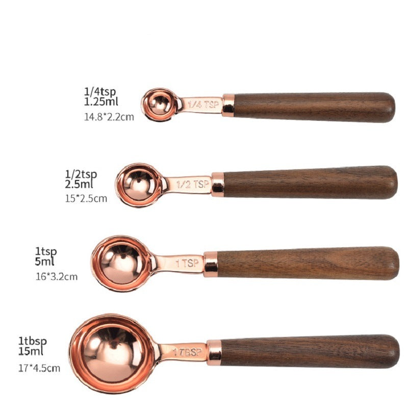 Rose Gold Measuring Cups and Spoons Set, Copper Pink Stainless Steel Cup and Spoon with Wooden Handle, Coffee Cake Milk Baking Measuring Cup - Mountain Lakes Mall