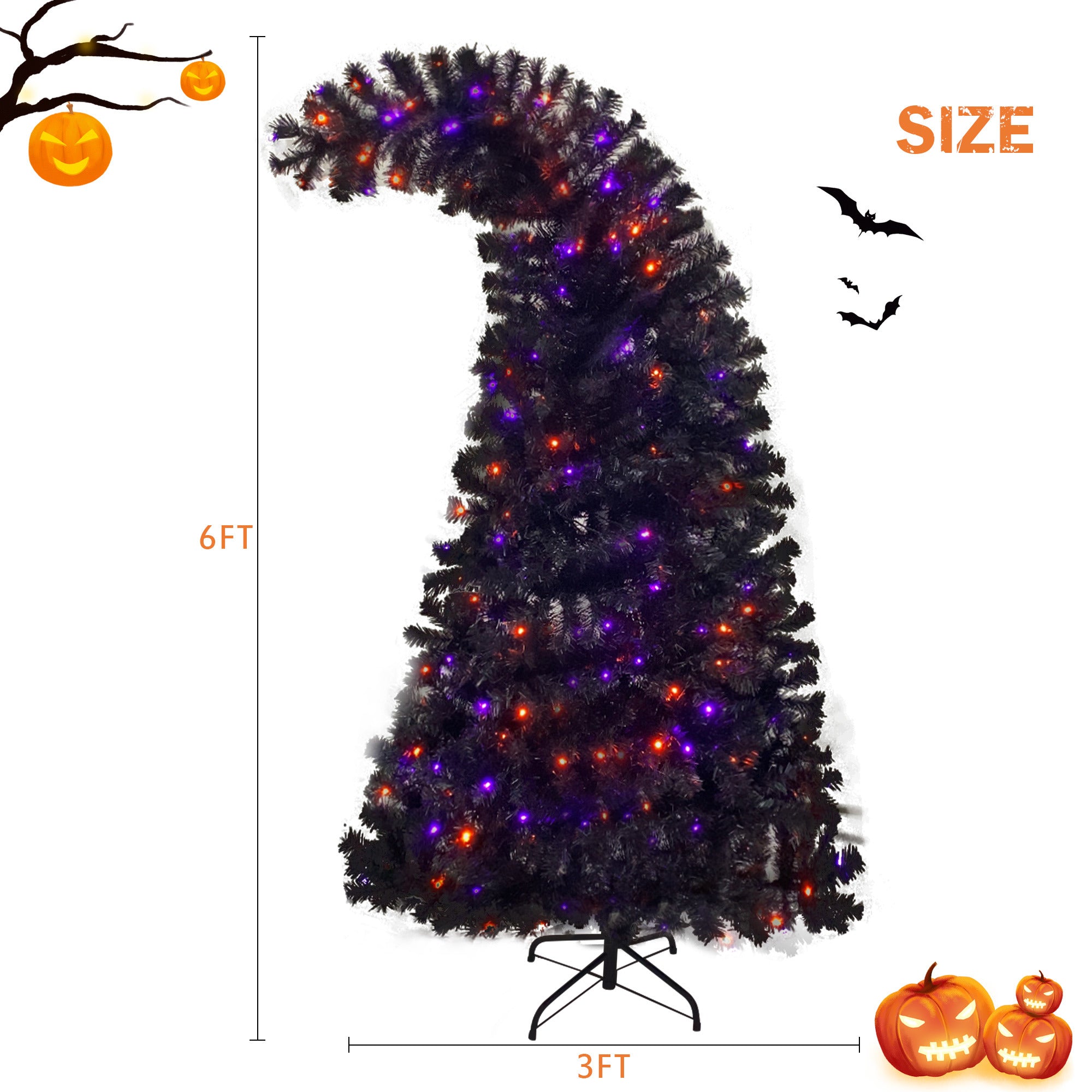 6FT Artificial Fir Bent Top Halloween Christmas Tree, Xmas Tree Bendable Grinch Style Christmas Tree Holiday Decoration w/1,080 Lush Branch Tips, 300 LED Lights X-mas Halloween Style