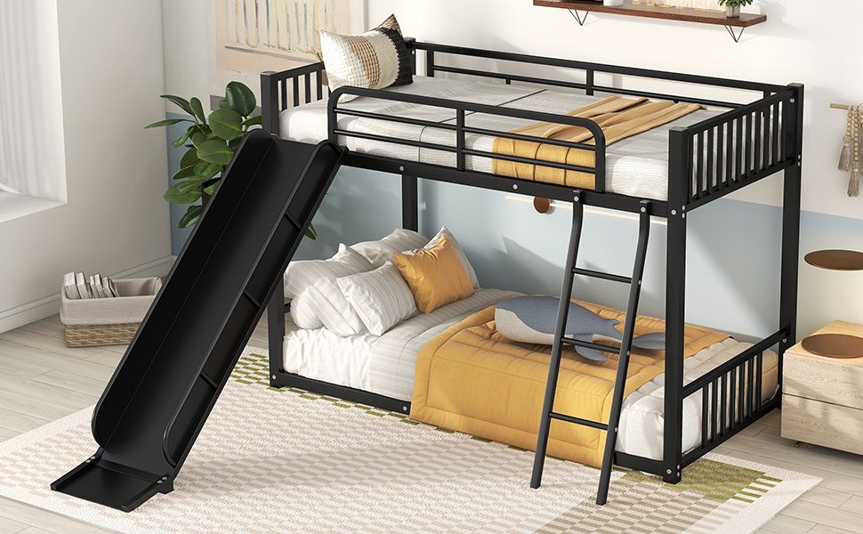 Metal Bunk Bed with Slide, Twin over Twin