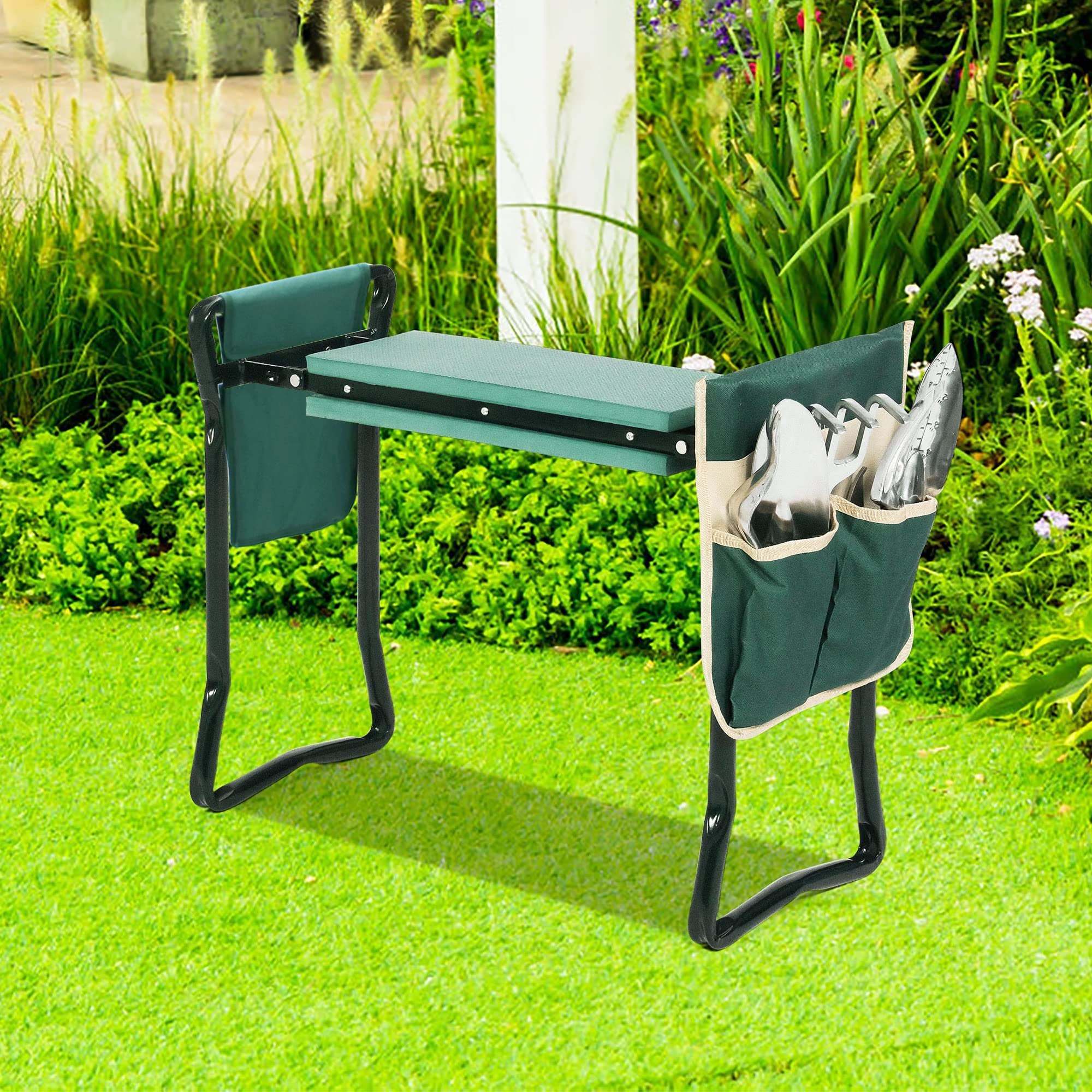 Foldable Garden Kneeler and Seat Gardening Bench with Two Tool Pouches and 6"/8" Widen Soft Kneeling Pad - Mountain Lakes Mall