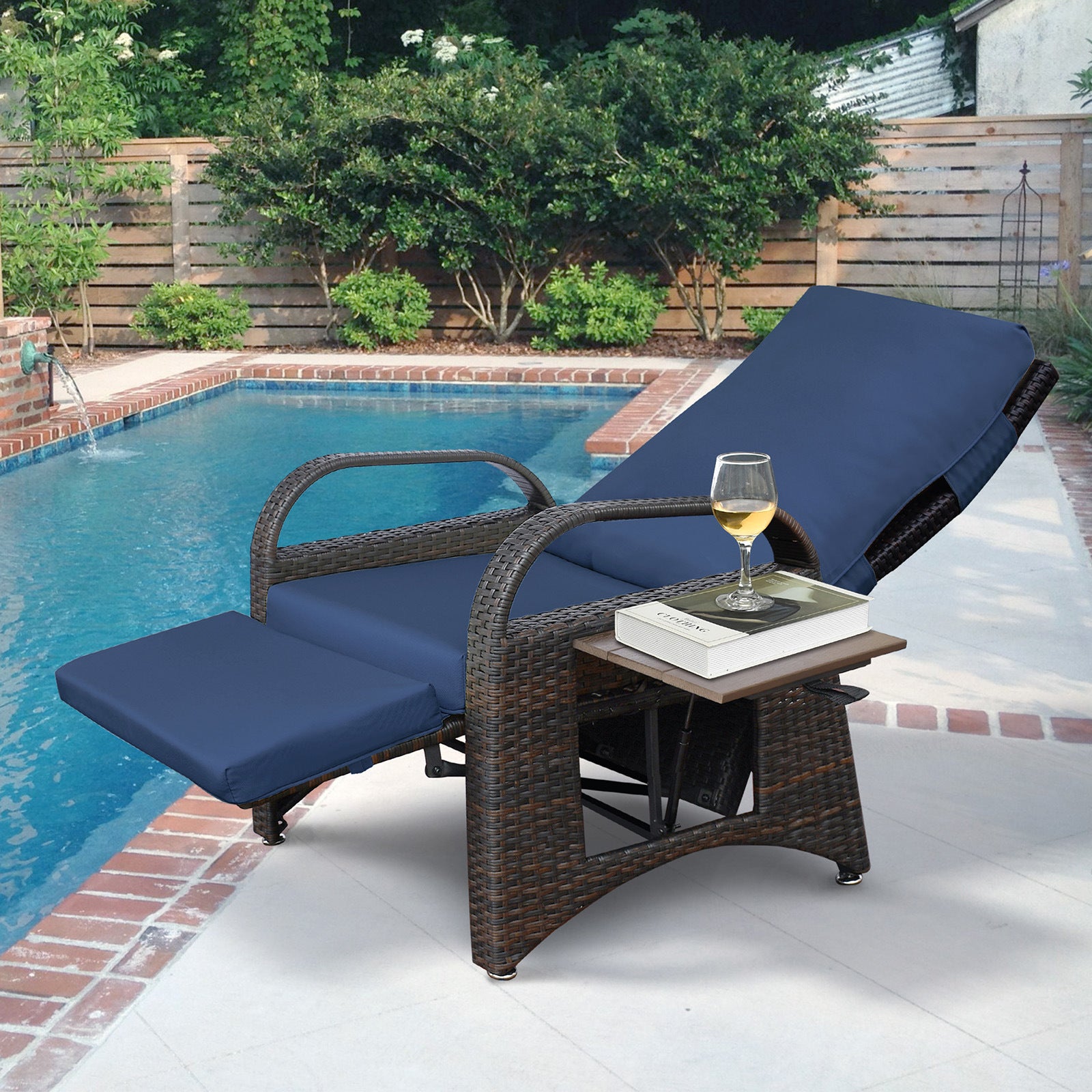 Outdoor Adjustable Wicker Recliner with Flip Table - Mountain Lakes Mall