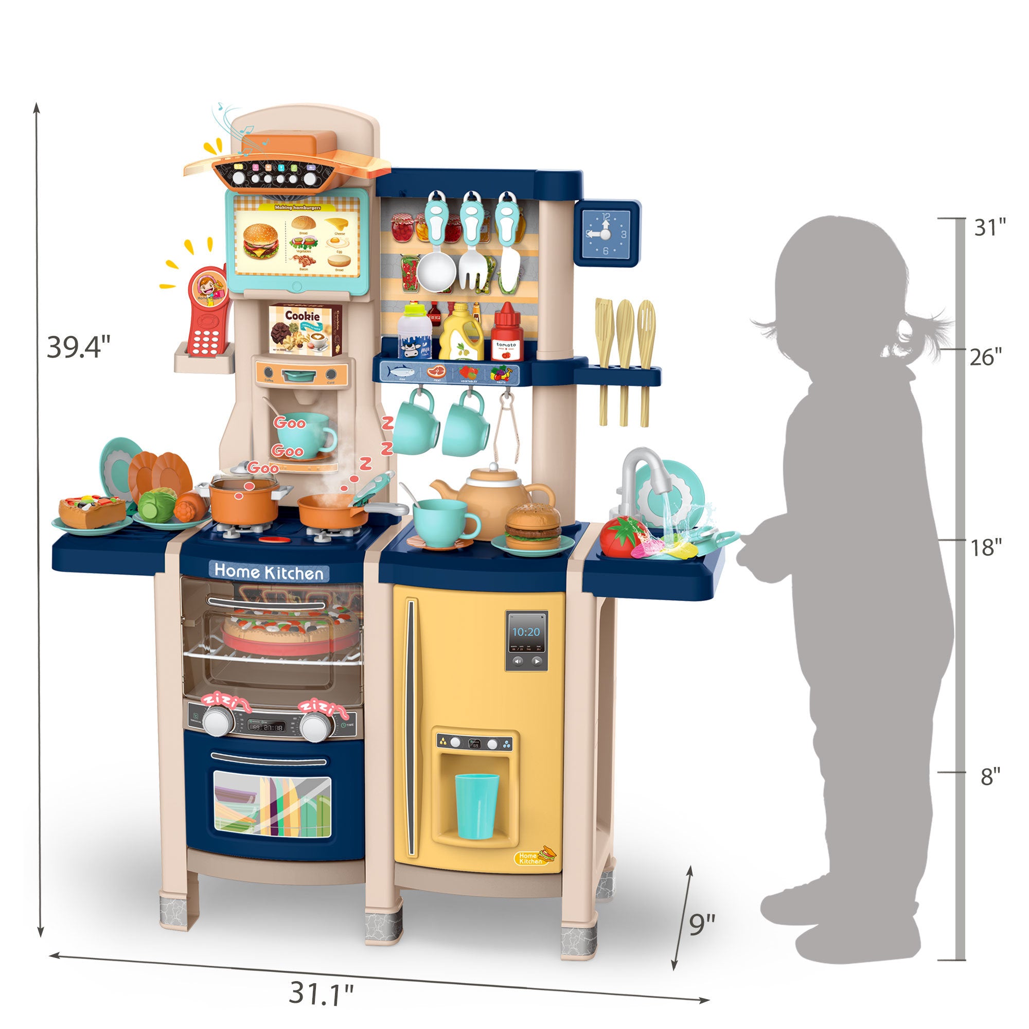 Large Pretend Play Kitchen Set Kids Cooking Playset with Realistic Lights;  Vivid Sounds;  Play Phone;  Clock and 65 Pcs Accessories;  3 +;  Blue XH - Mountain Lakes Mall