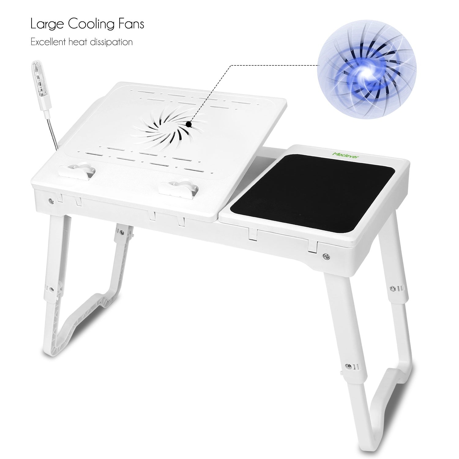 Foldable Laptop Table Bed Notebook Desk with Cooling Fan Mouse Board LED light 4 xUSB Ports Breakfast Snacking Tray - Mountain Lakes Mall