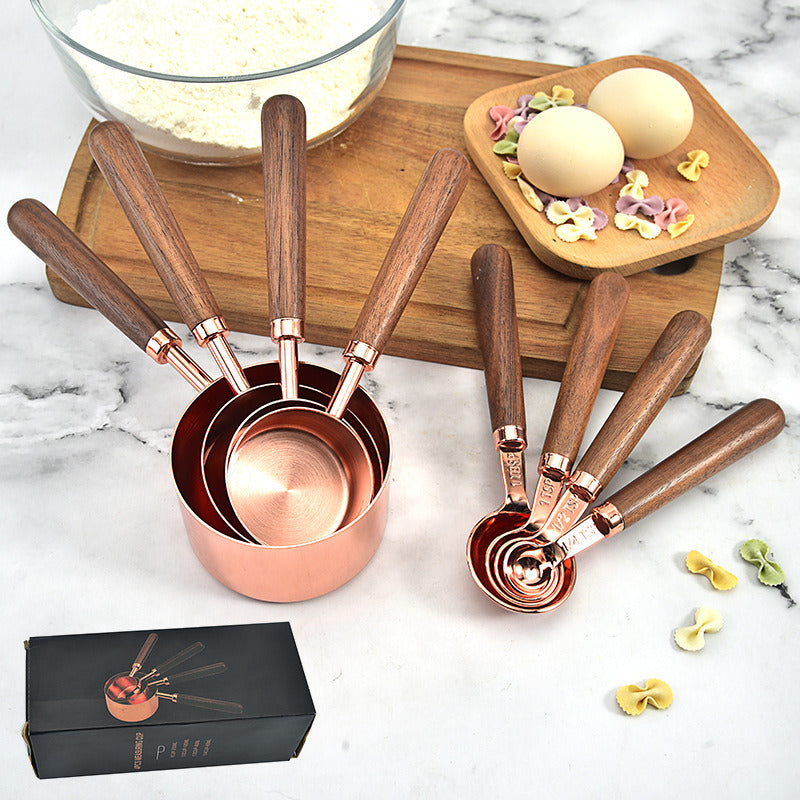 Rose Gold Measuring Cups and Spoons Set, Copper Pink Stainless Steel Cup and Spoon with Wooden Handle, Coffee Cake Milk Baking Measuring Cup - Mountain Lakes Mall