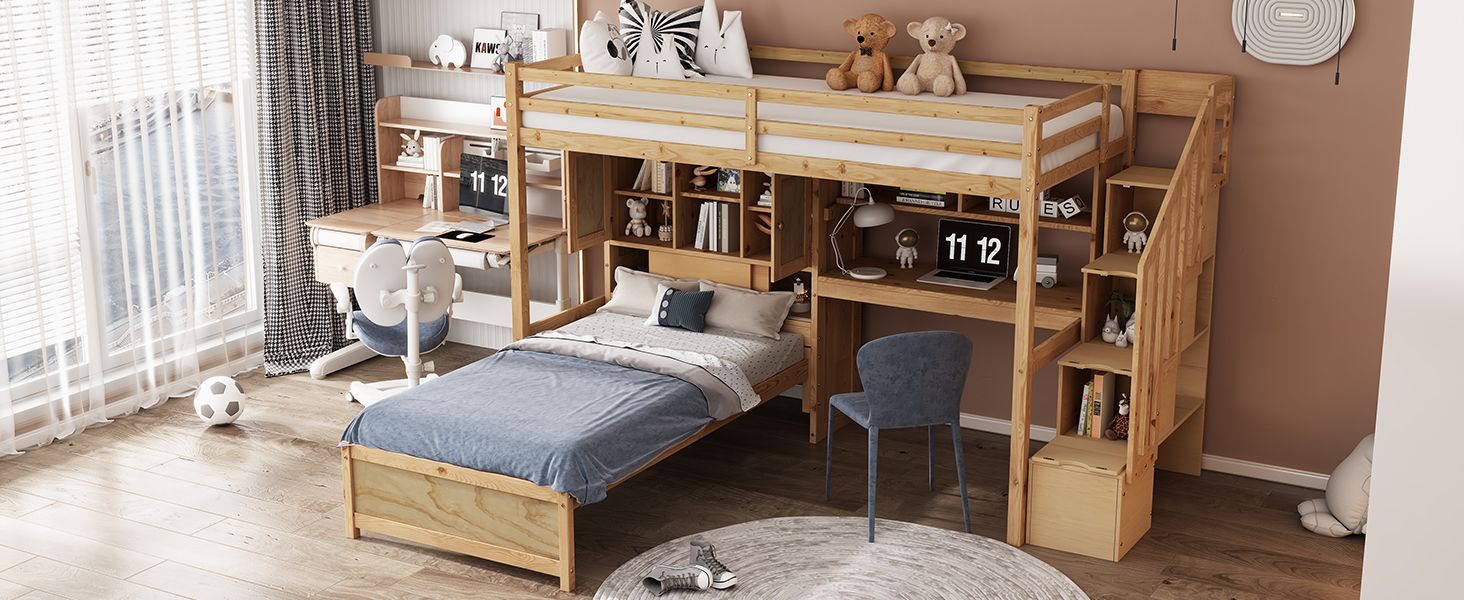 Twin over Twin Loft Bed with Built-in Desk and Staircase, With Storage Compartments and Shelves, Natural