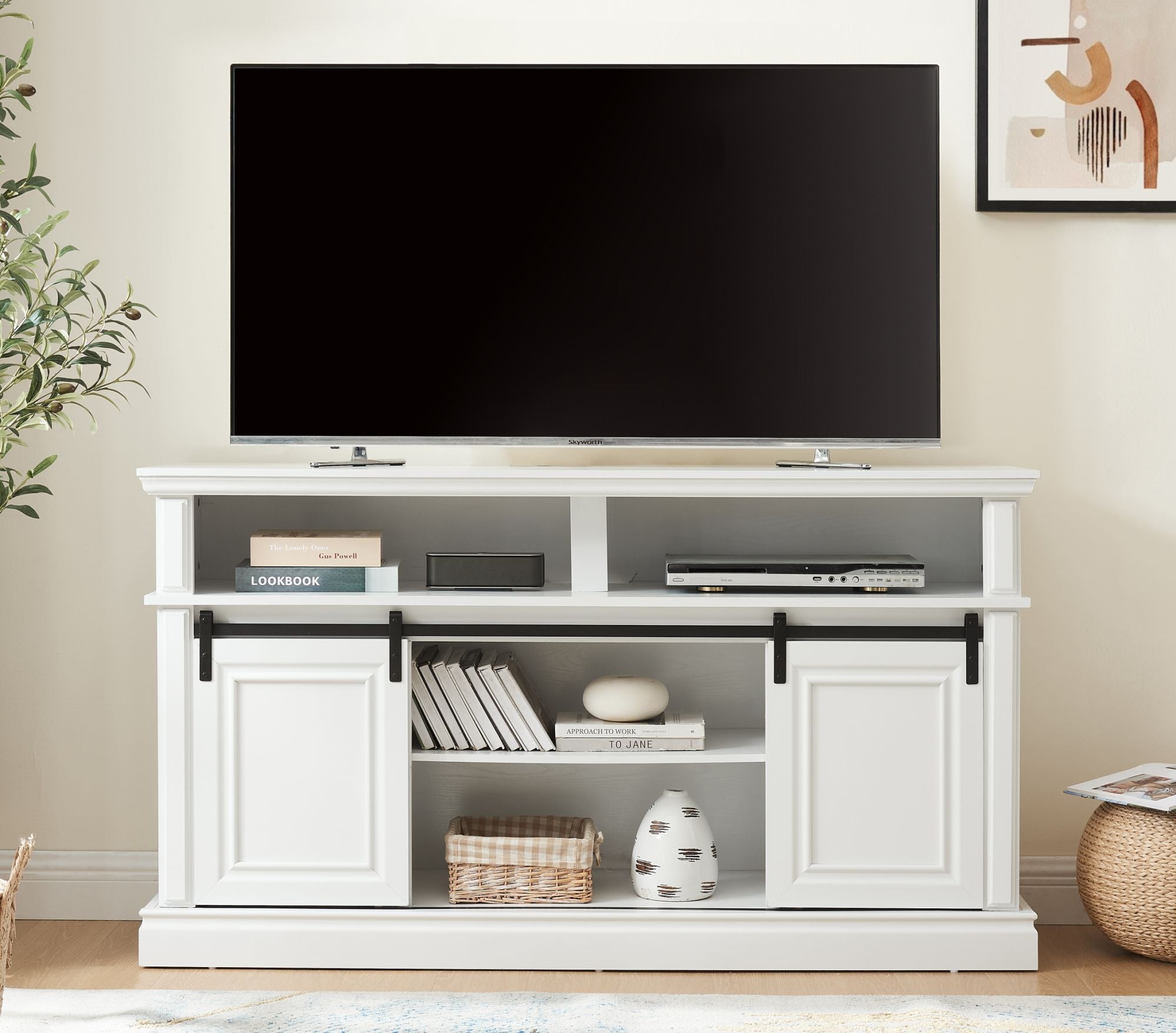 Media Console Table with Storage Cabinet, Mid Century style Entertainment TV Table, Multipurpose Sliding Door TV Cabinet Large Storage Space, 58.11"W*15.79"D*32.36"H Antique White - Mountain Lakes Mall