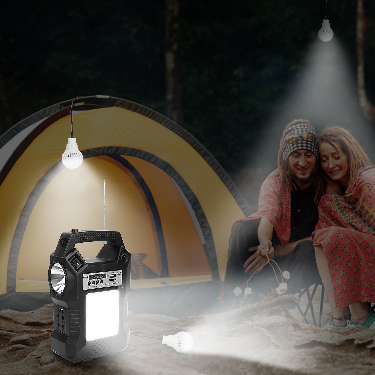 Portable Solar Power Station Rechargeable Backup Power Bank w/Flashlight 3 Lighting Bulbs For Camping Outage Garden Lamp - Mountain Lakes Mall