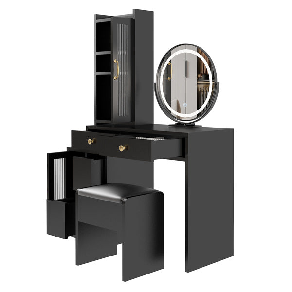 Modern Makeup Vanity Table Set with Side Cabinet and LED Mirror, Retractable Dressing Table with Power Outlets, 3 Light Colors - Mountain Lakes Mall