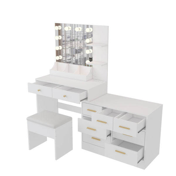 Large Makeup Vanity with Lights, Vanity Table with Charging Station, Vanity Desk with Mirror and 10 LED Light Bulbs, Makeup Table with Tabletop Compartments, Drawers and Storage Shelves, White