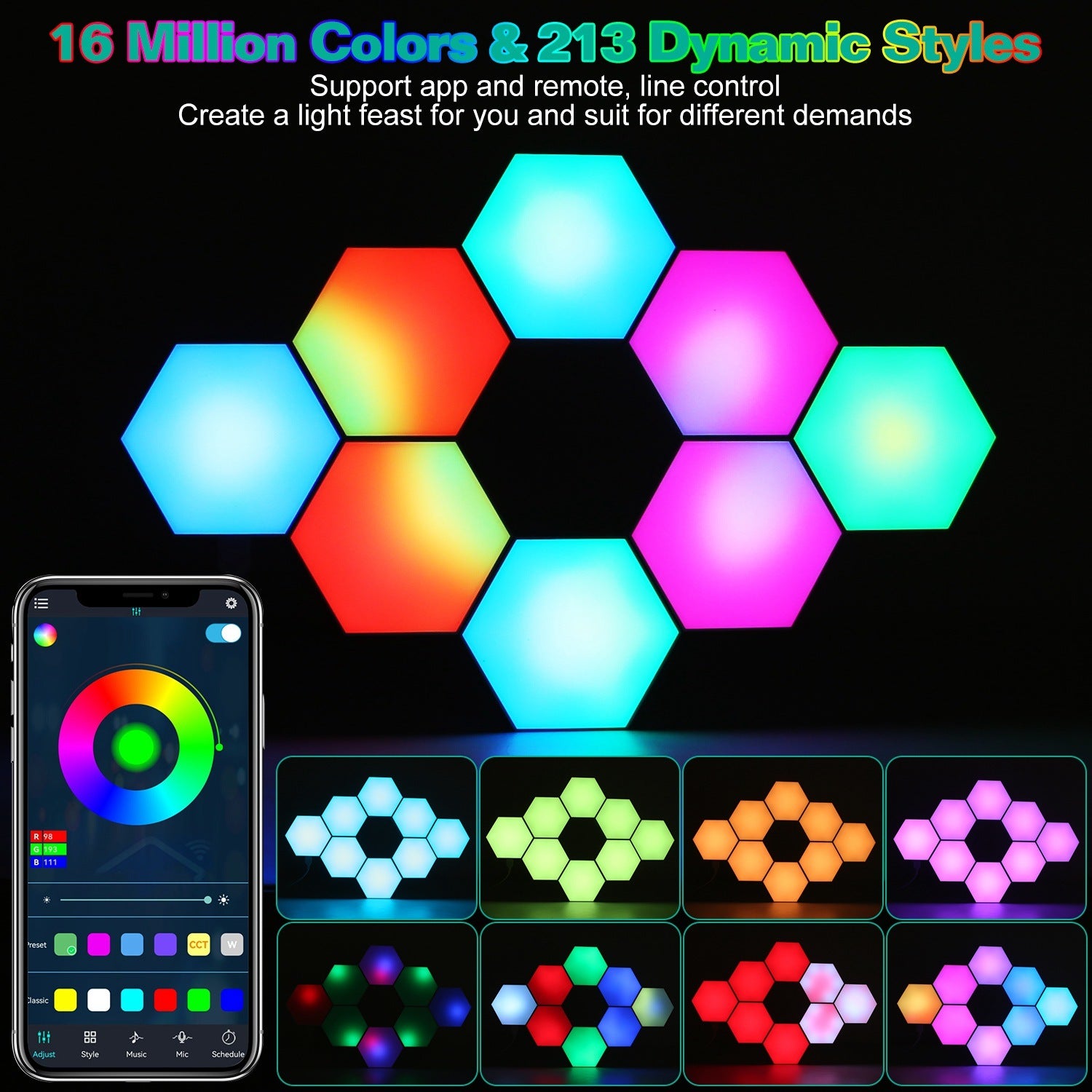 8Pcs Hexagon Light Panels RGBW Colorful Splicing Wall Lamps App Remote Line Control Timing Decorative Gaming Light Music Sync Lamps - Mountain Lakes Mall