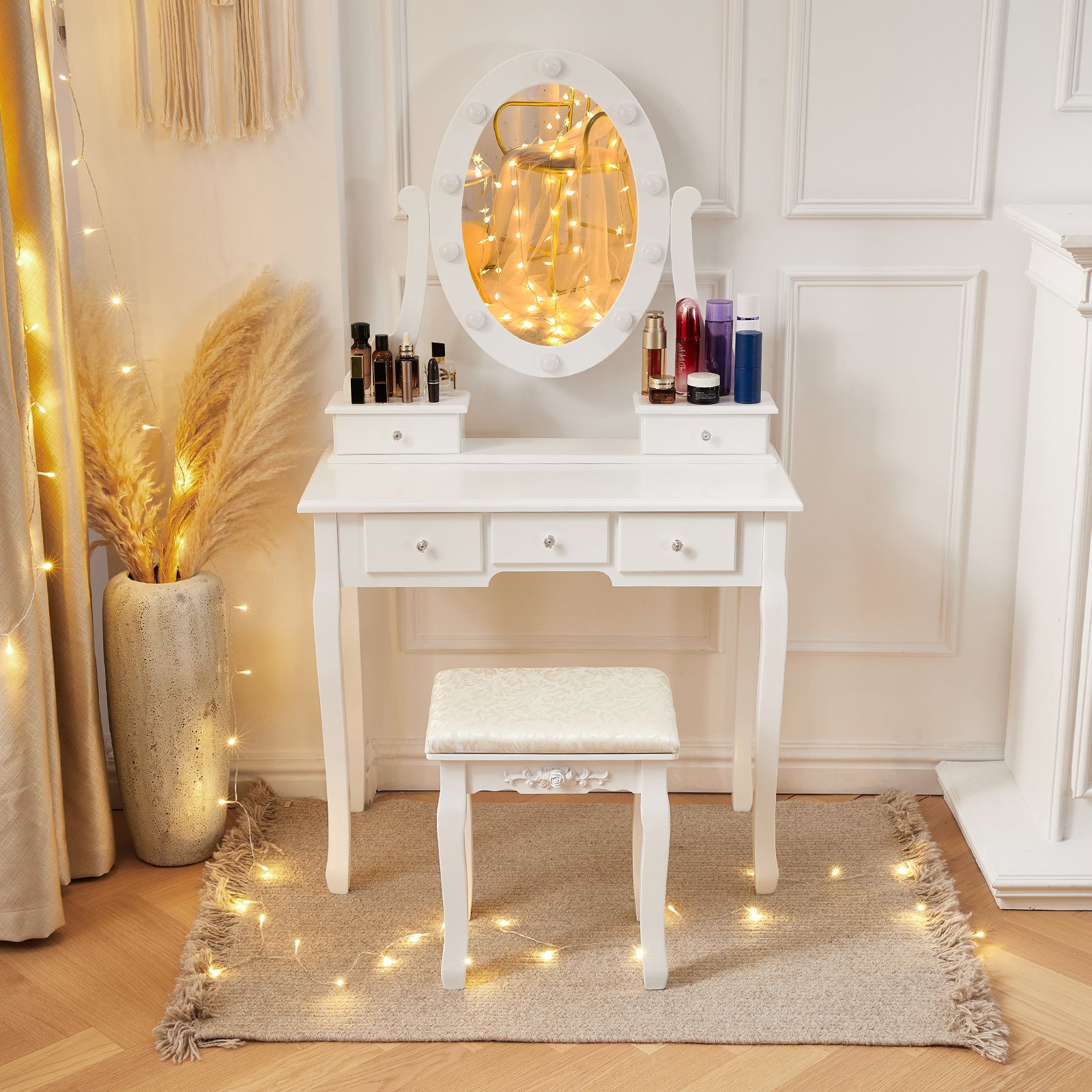 White Vanity Desk with Lights,Makeup Vanity with Lights,Vintage Vanity Dresser with Lights,Dressing Table,Vanity Set with Mirror and Stool,Vanity and Desk Combo,Tocador De Maquillaje para Mujer - Mountain Lakes Mall