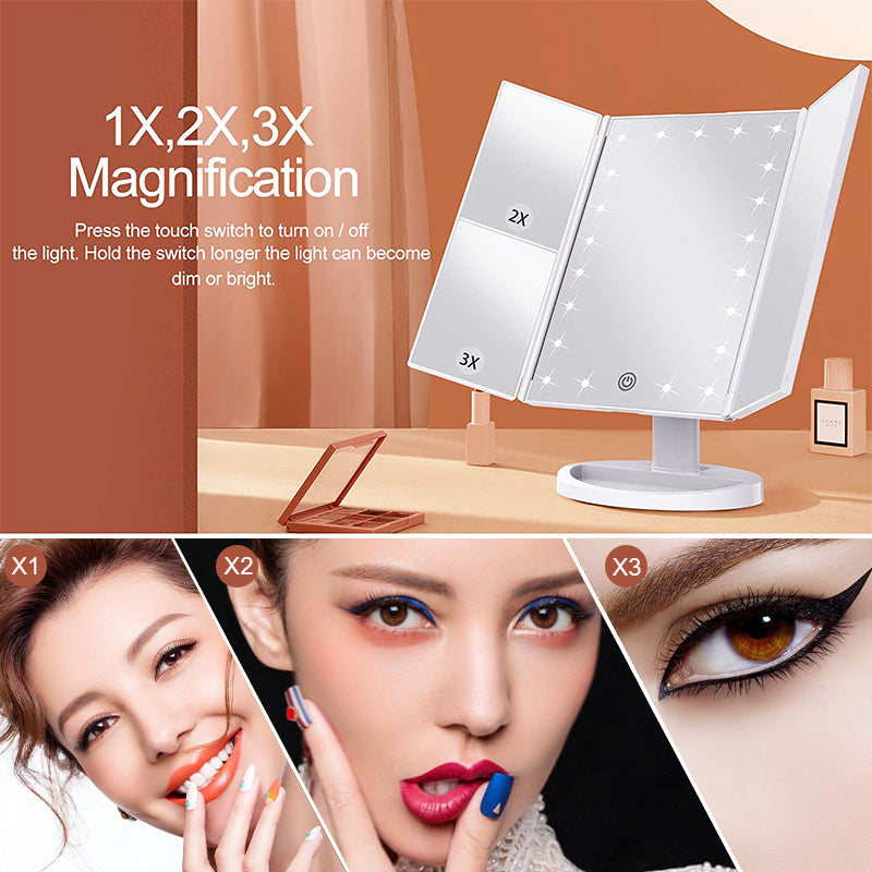 360° Adjust Foldable Makeup Mirror With LED Light Rechargeable Wireless 1-3X Magnifying 3 Tone Light Desktop Vanity Mirror Table - Mountain Lakes Mall