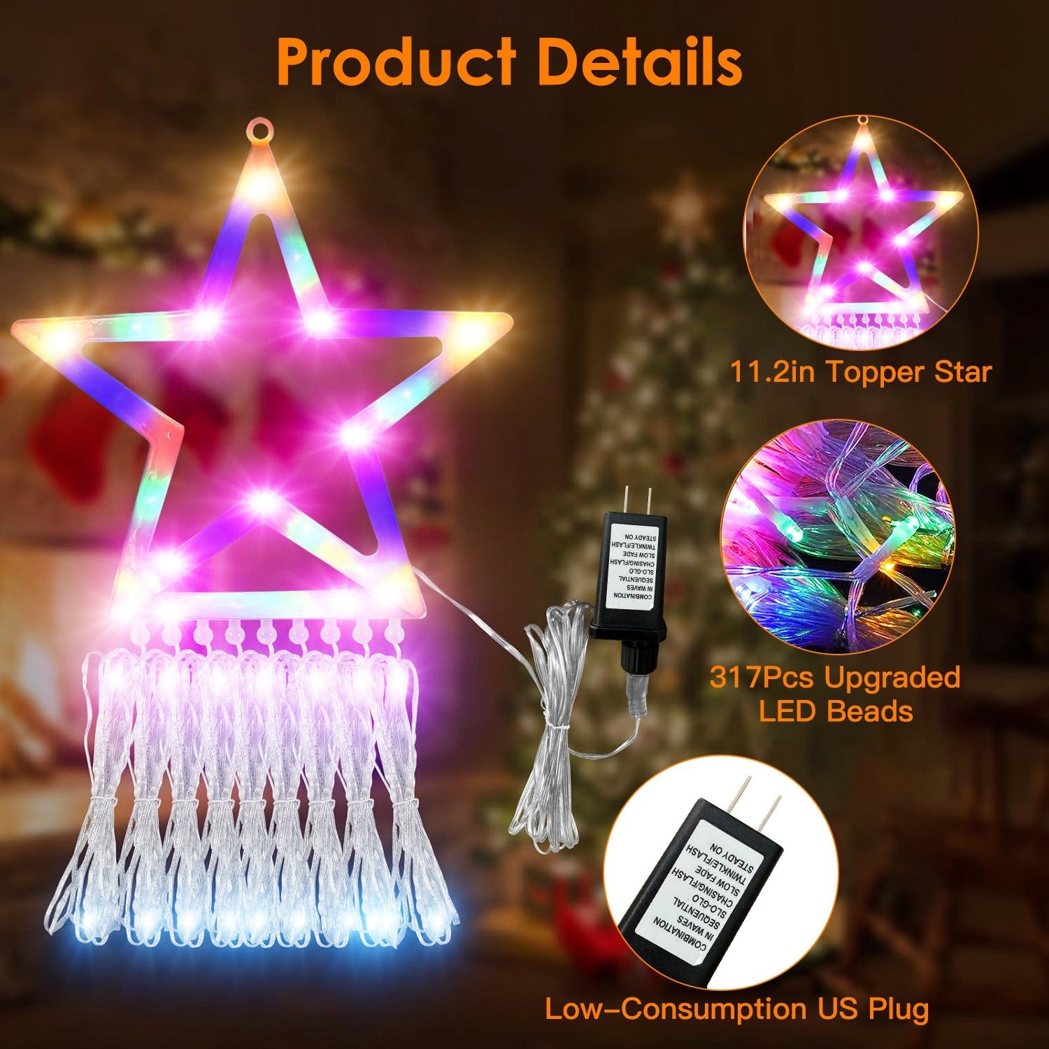 Christmas Hanging Waterfall String Light with Topper Star IP65 Waterproof Outdoor Plug In Fairy Waterfall Tree Light with 8 Lighting Modes Timer Memory Function