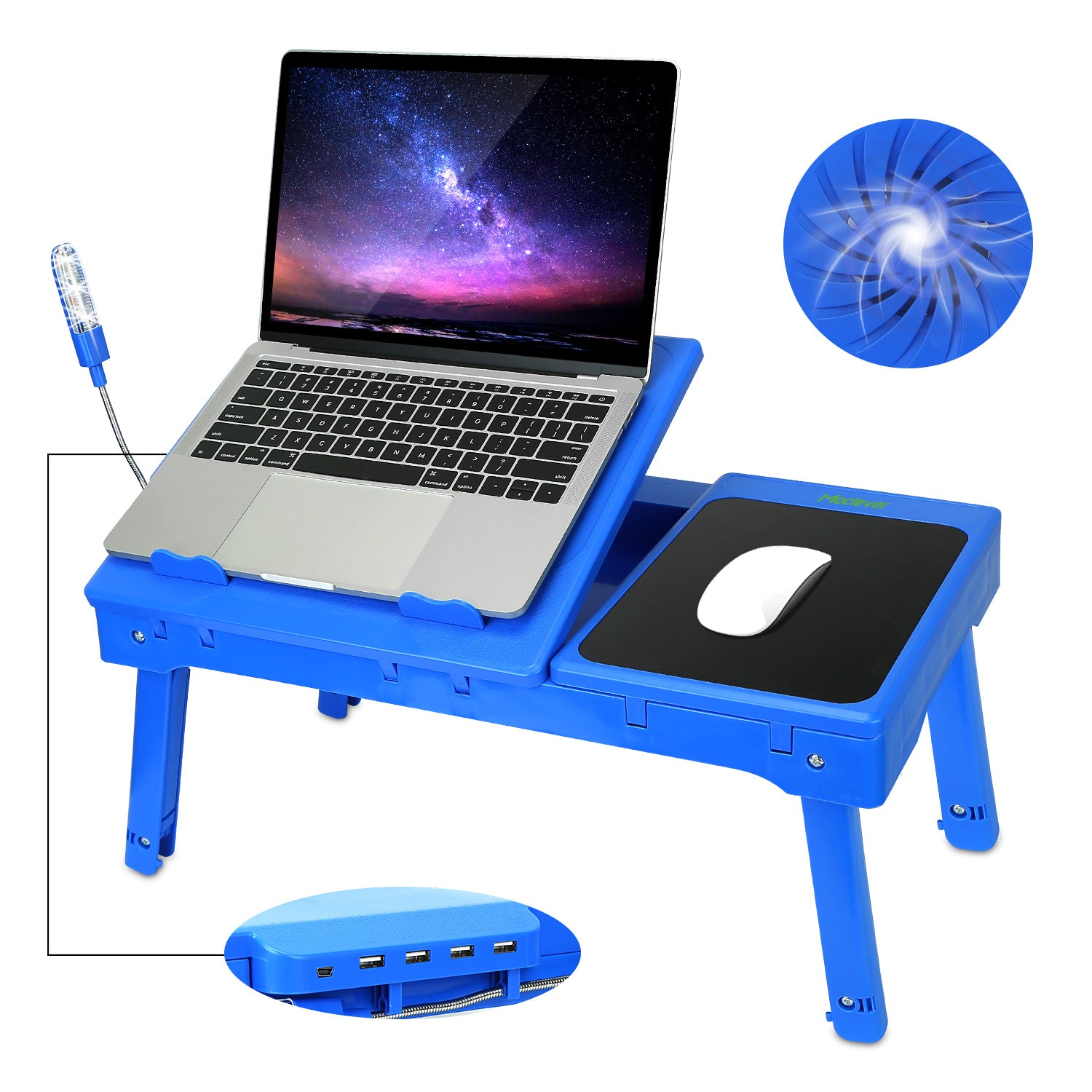 Foldable Laptop Table Bed Notebook Desk with Cooling Fan Mouse Board LED light 4 xUSB Ports Breakfast Snacking Tray - Mountain Lakes Mall