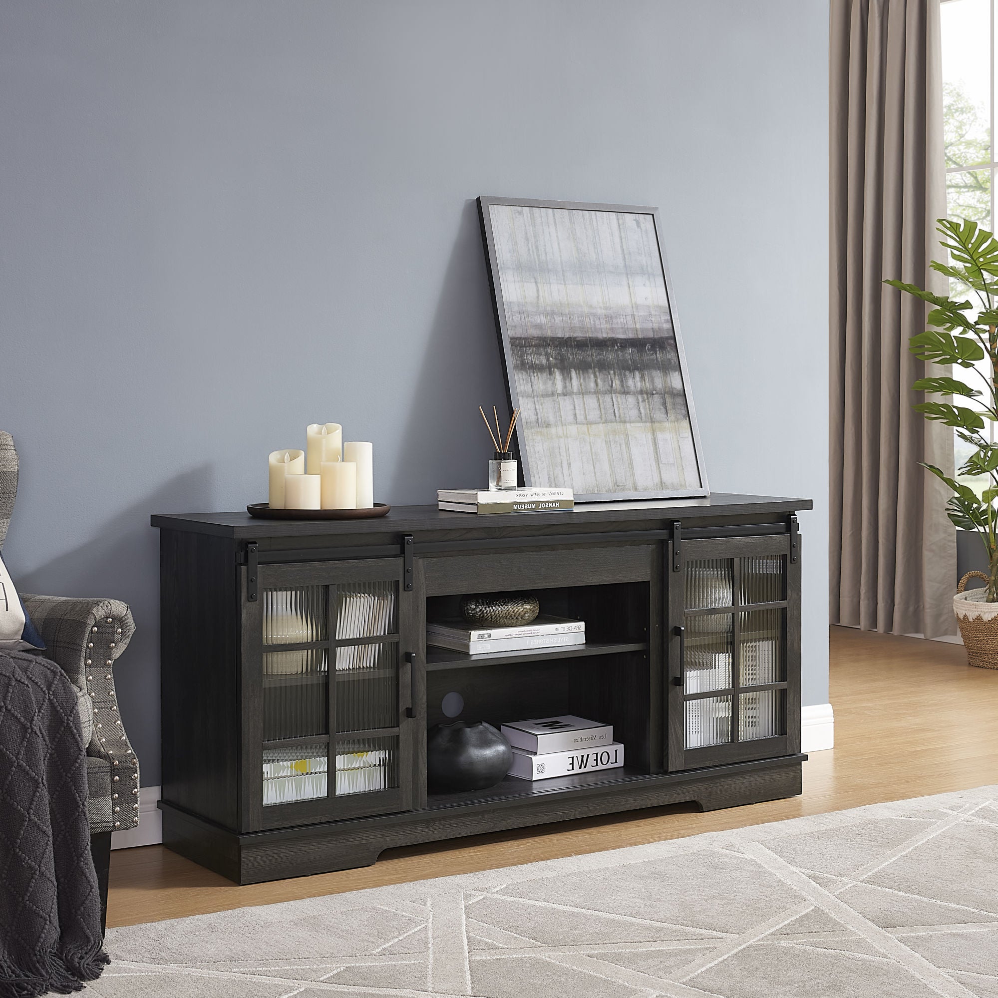 Multipurpose Sliding Door TV Stand Large Storage Cabinet with 2 Sliding Fluted Glass Tempered Doors, TV Up to 65'', TV Desk Storage Rack, Charcoal GREY, 59.13"W*15.94"D*27.8"H - Mountain Lakes Mall