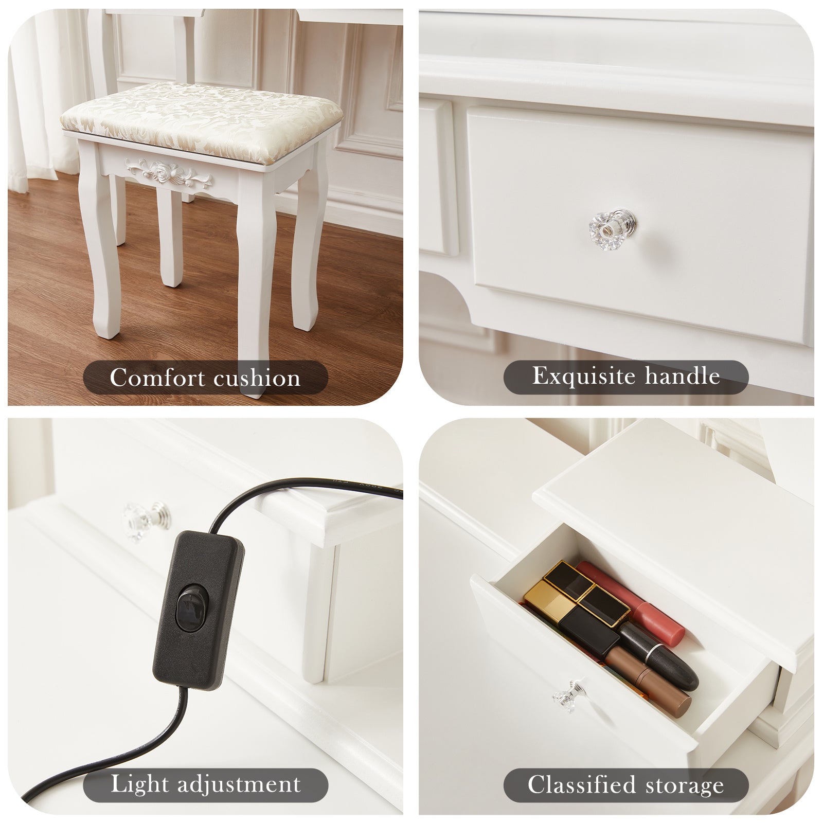 White Vanity Desk with Lights,Makeup Vanity with Lights,Vintage Vanity Dresser with Lights,Dressing Table,Vanity Set with Mirror and Stool,Vanity and Desk Combo,Tocador De Maquillaje para Mujer - Mountain Lakes Mall