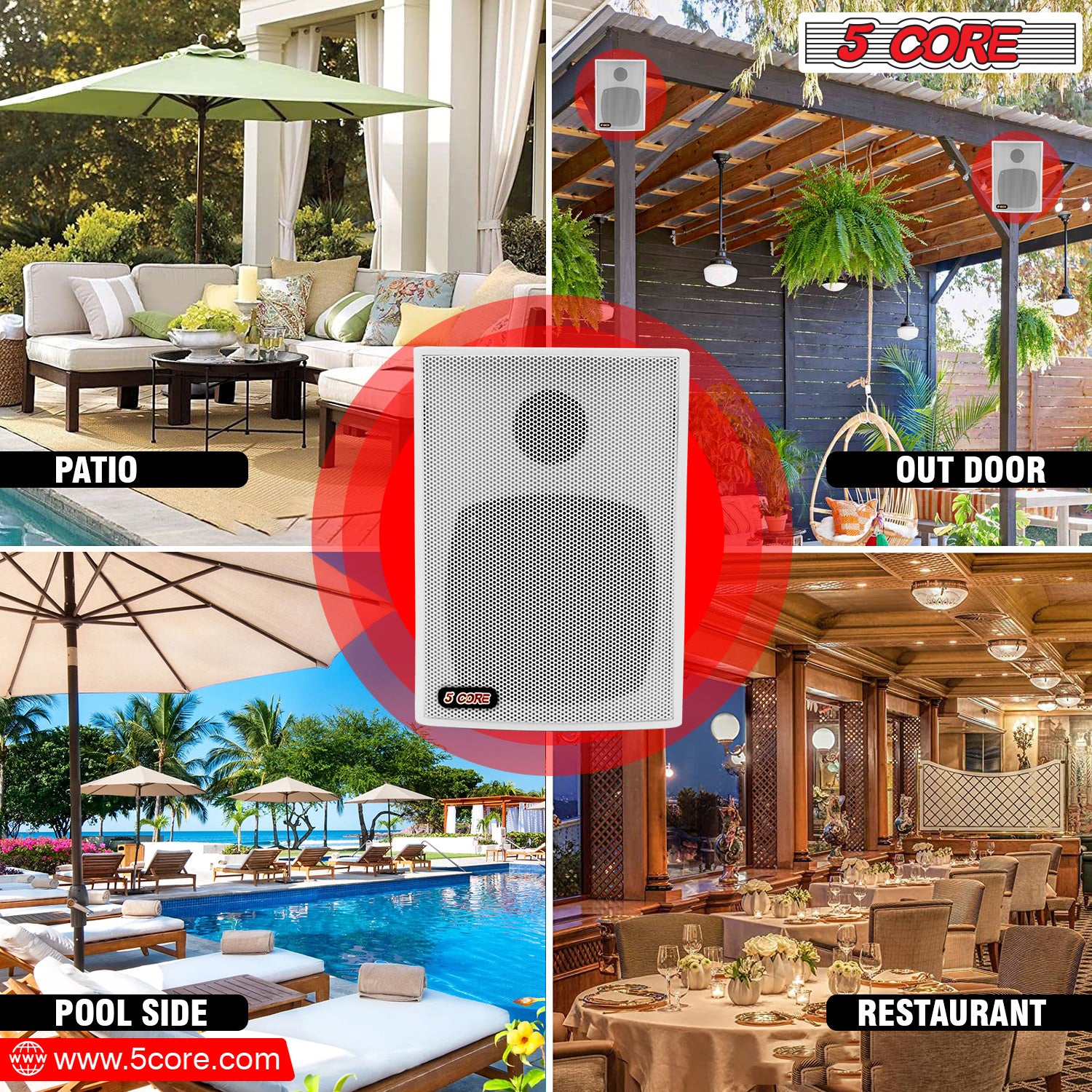 5 Core Outdoor Speakers Stereo In Wall Speaker Pair 100W Peak Passive Outside Surface Mount Wired Waterproof Patio House Garage Indoor Exterior Audio System Out Door Bocinas Para Casa - 13T WH 1PK - Mountain Lakes Mall