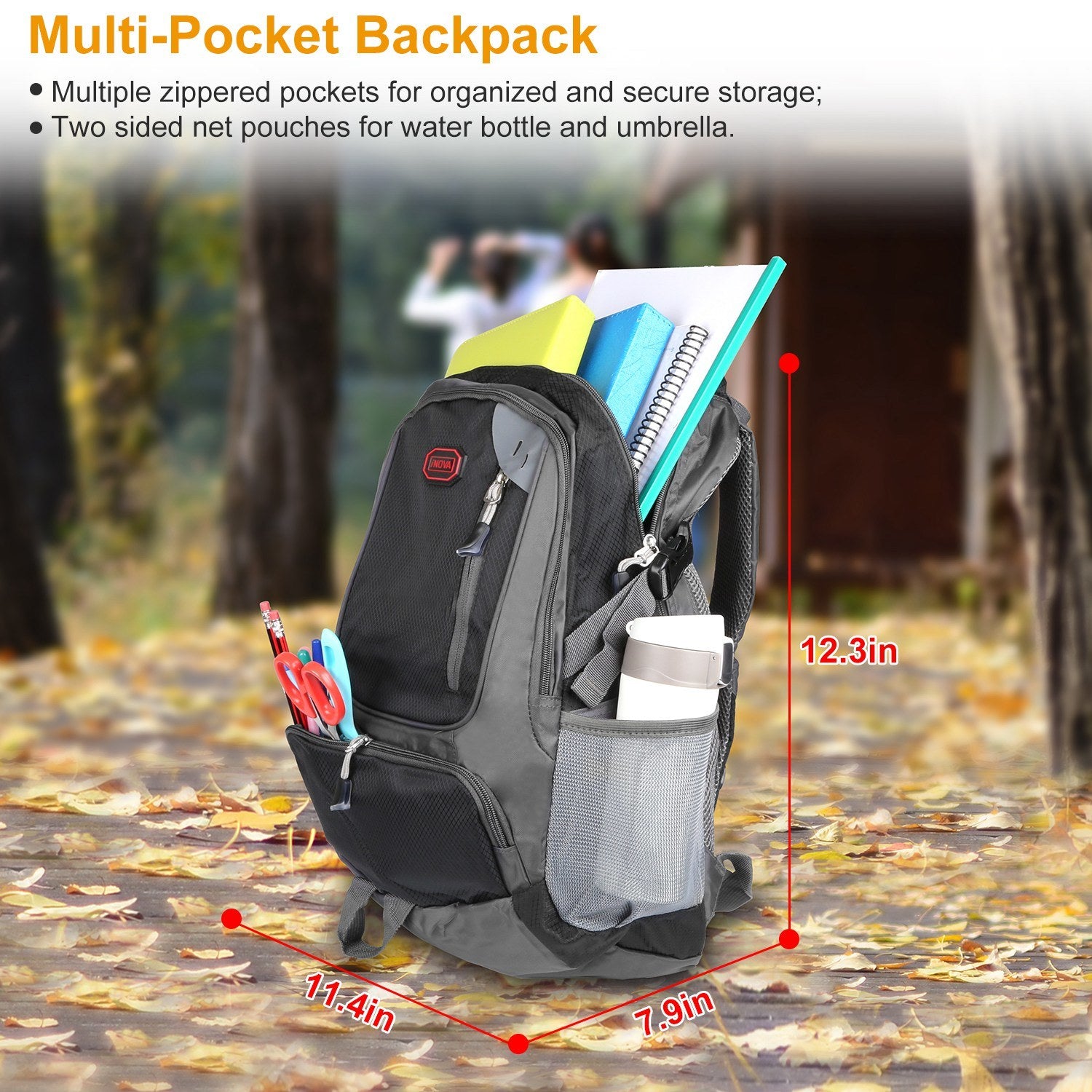 School Backpack Casual Travel Shoulder Bag W/ Adjustable Straps Dual-Water Bottle Pouch - Mountain Lakes Mall