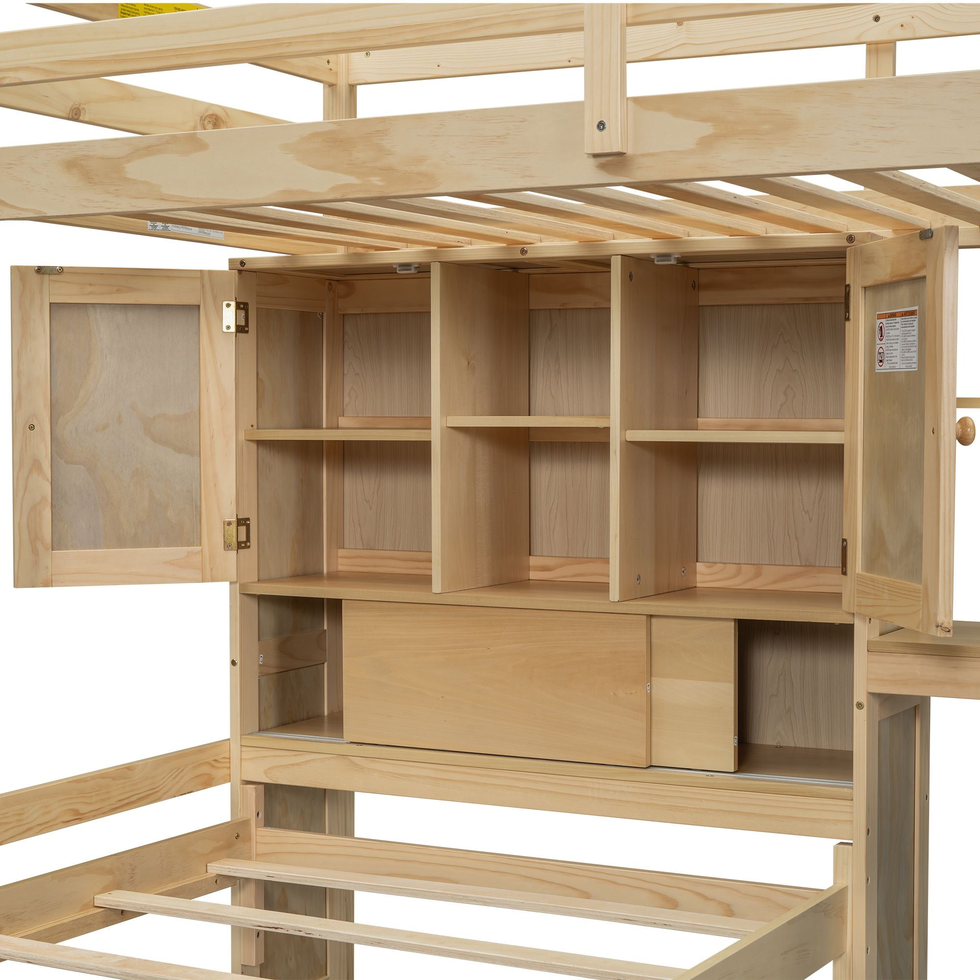 Twin over Twin Loft Bed with Built-in Desk and Staircase, With Storage Compartments and Shelves, Natural