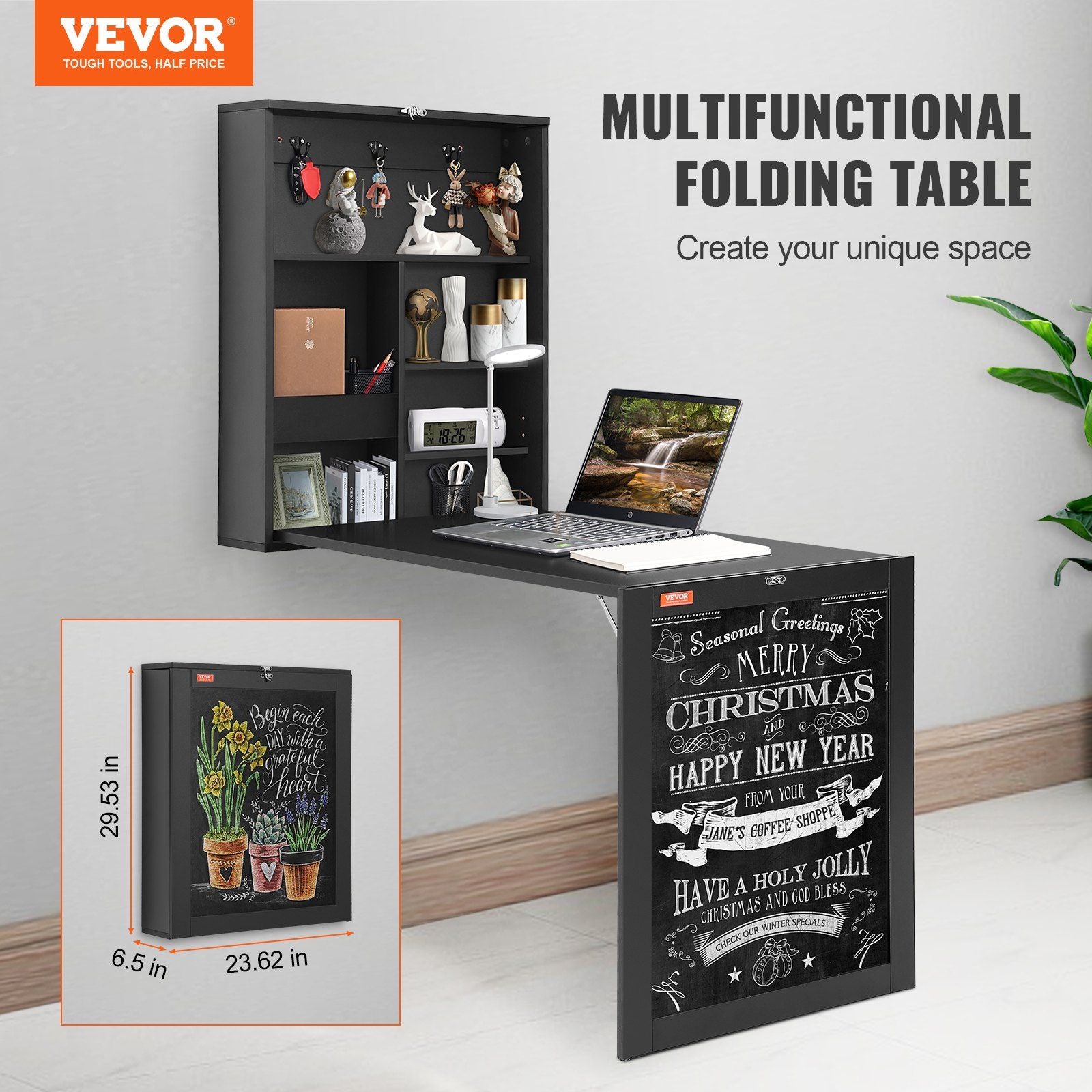 VEVOR Wall Mounted Desk, Fold out Convertible Desk, Multi-Function Folding Wall Table with Chalkboard for Home Office, Space Saving Computer Desk with Storage Area