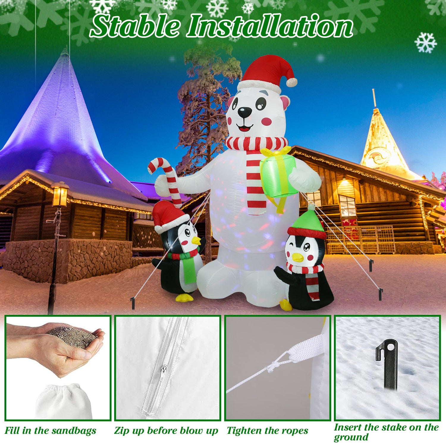 5.9FT Christmas Inflatable Outdoor Decoration Polar Bear Gift Box Penguin Blow Up Yard Decoration with LED Light Built-in Air Blower for Winter Holiday Xmas Garden