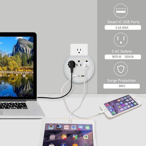 Power Strip 2PCS Surge Protector 5-Outlet with 2 USB Ports(5V/2.4A); 6ft Heavy-Duty Braided Extension Cords - Mountain Lakes Mall