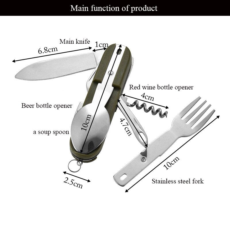 7 In 1 Multifunctional Outdoor Tableware Stainless Steel Foldable Fork Spoon Knife Picnic Camping Hiking Travelling Dinnerware - Mountain Lakes Mall