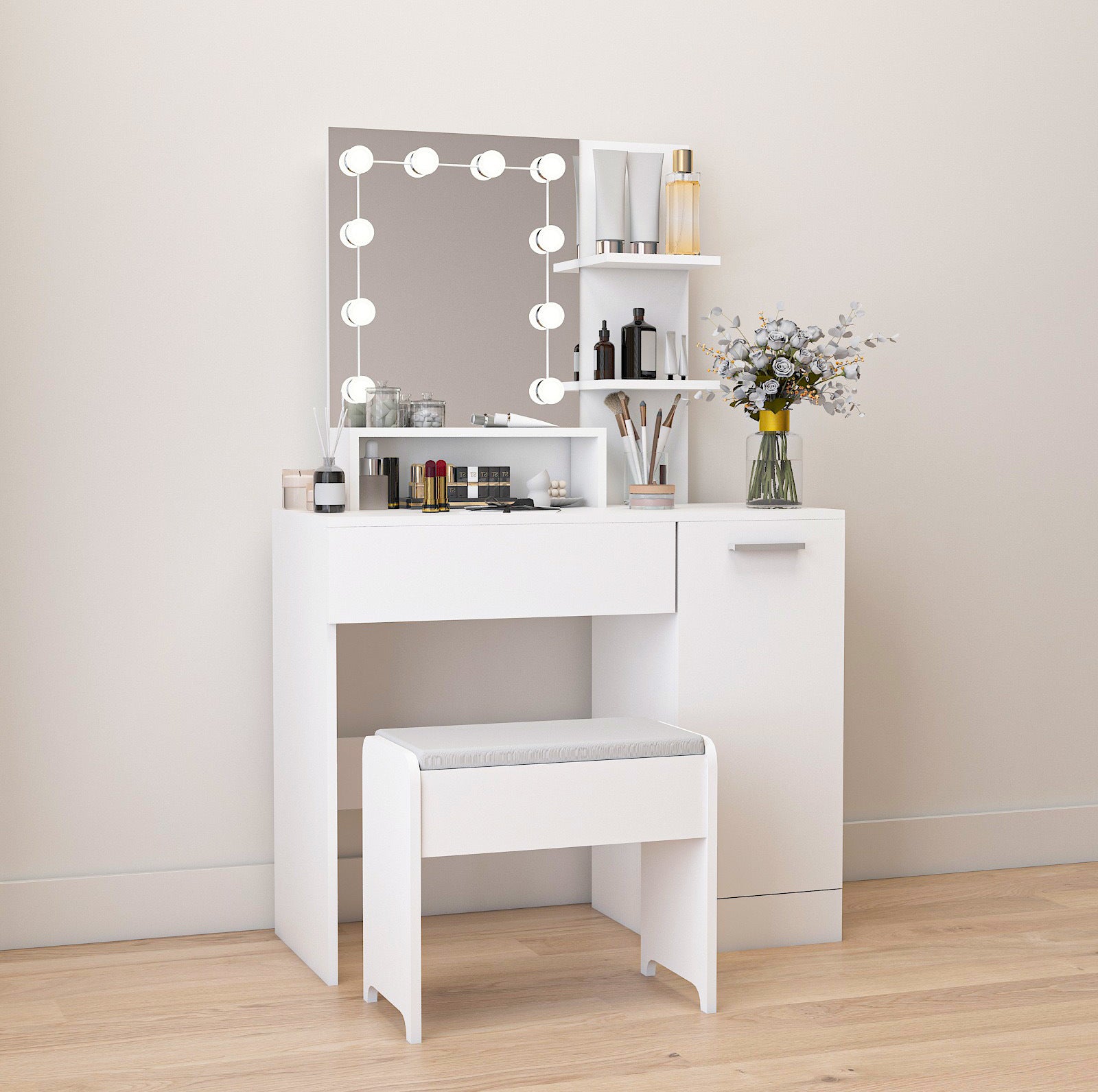 Makeup Vanity Table Set with Drawer and Storage Cabinet, Dressing Table with Vanity Cushioned Stool for Bedroom, Makeup Room - Mountain Lakes Mall