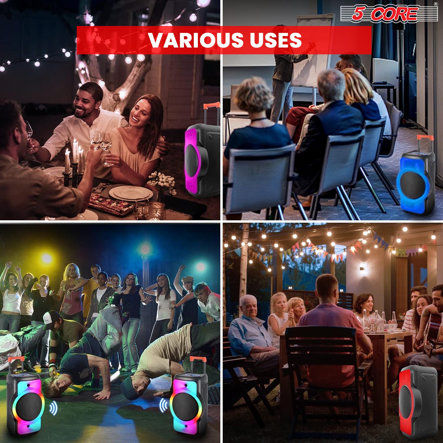 5 Core Karaoke Machine Bluetooth Portable Singing PA Speaker System w Cool DJ Light Support FM + TWS + USB + Memory Card + AUX + REC Party Speakers Includes Two Wireless Mics - PLB 12X1 2MIC - Mountain Lakes Mall