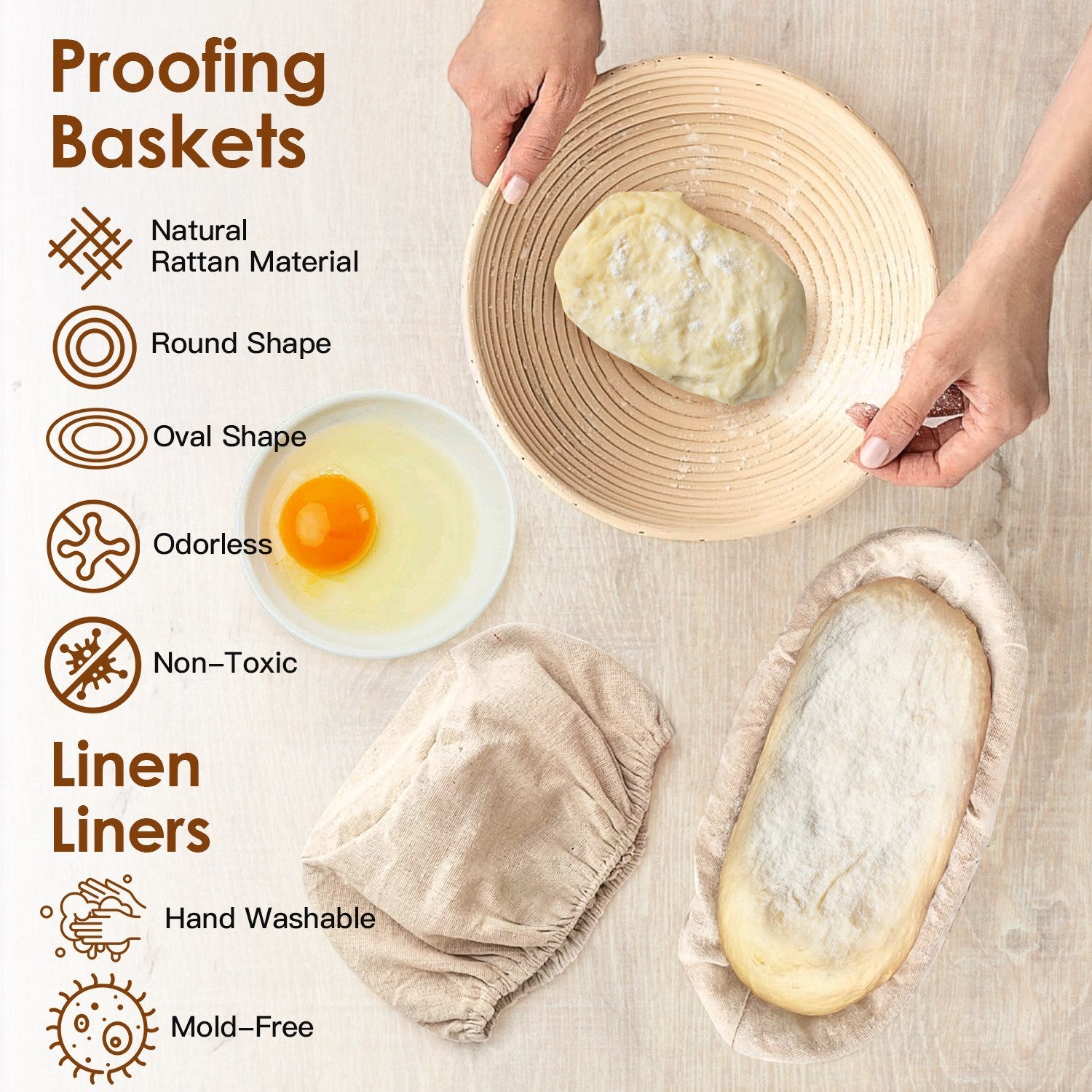 Complete Bread Baking Kit Banneton Proofing Basket Set 9In Round And 10In Oval Basket With Linen Liner Lame Dough Scraper Blender Whisk - Mountain Lakes Mall