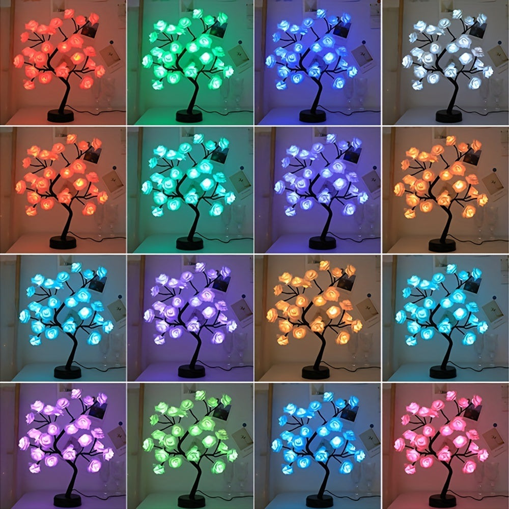 1pc, 24 LED RGB 16 Colors Rose Tree Night Light Battery And USB Plug Operated Rose Flower Fairy Lights Remote Control Mini Christmas Tree Table Lamp For Gift Indoor - Mountain Lakes Mall