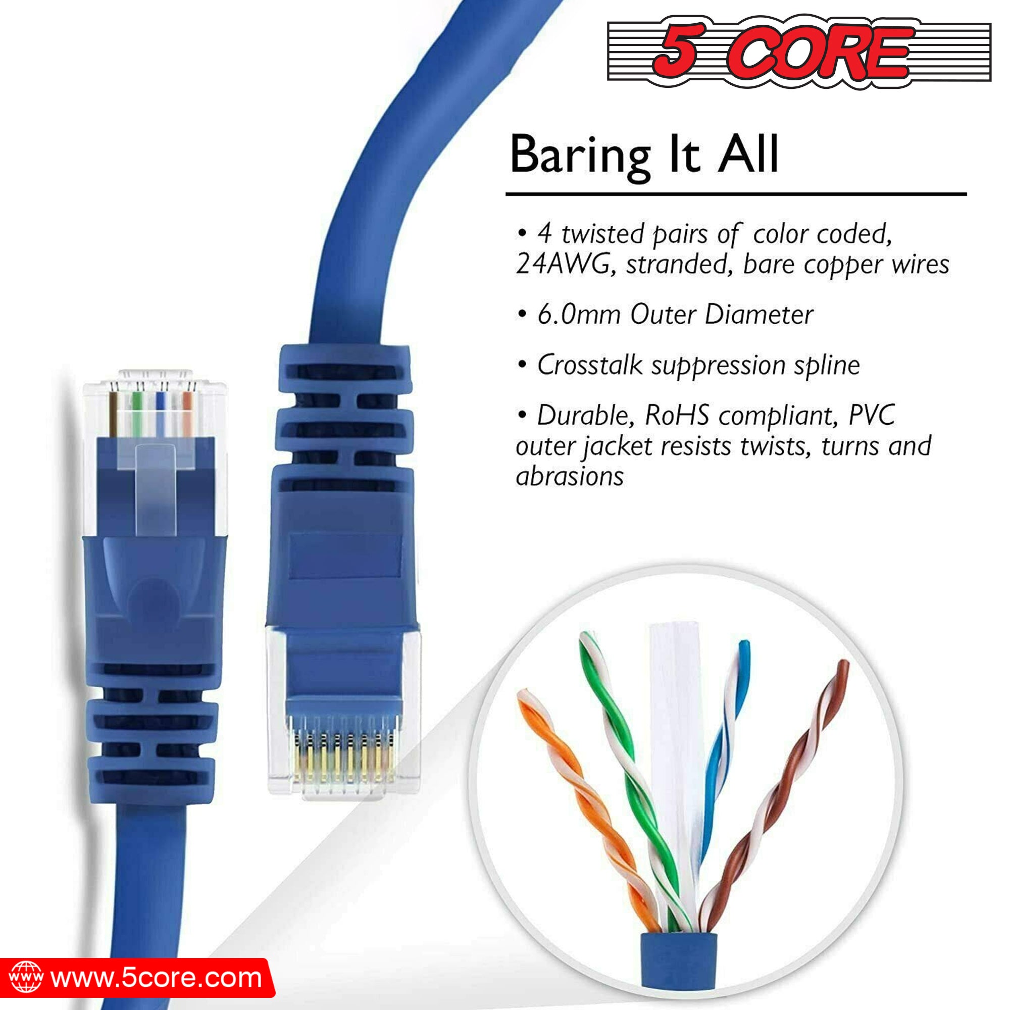 5 Core Ethernet Cable 30 ft / 40 ft Long Cat 6 Computer Internet Patch Cord High Speed WiFi RJ45 for Gaming Indoor Outdoor Use - ET BLU - Mountain Lakes Mall