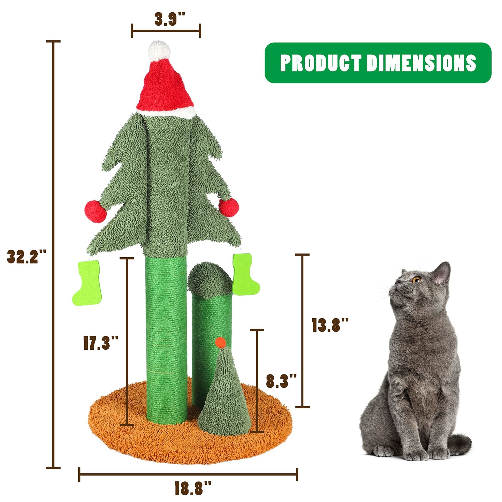 32'' Cat Scratching Post, Tall Christmas Tree Cat Scratcher with 3 Posts and Cute Dangling Teaser Balls, Natural Sisal Rope Cat Toys for Kitty and Adult Cats - Mountain Lakes Mall