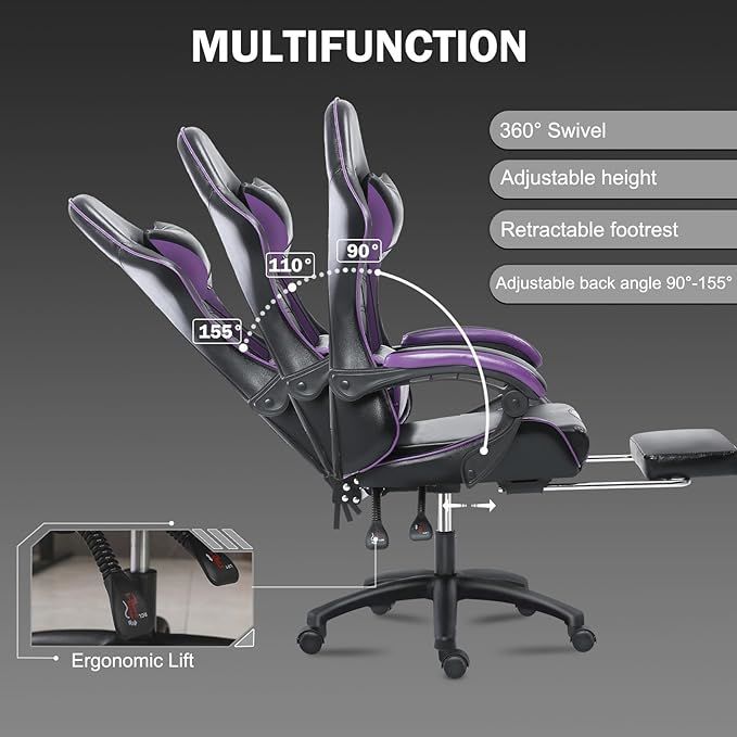 Ergonomic Gaming Chair for Adults, Comfortable Computer Chair for Heavy People, Adjustable Height Office Desk Chair with Wheels, Breathable Leather Video Game Chairs - Mountain Lakes Mall