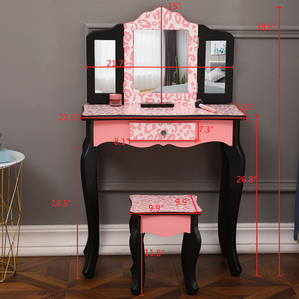 Kids Gisele Leopard Print Wooden Vanity Set with Tri-Fold Mirror Table and Chair, Pink/Black, - Mountain Lakes Mall